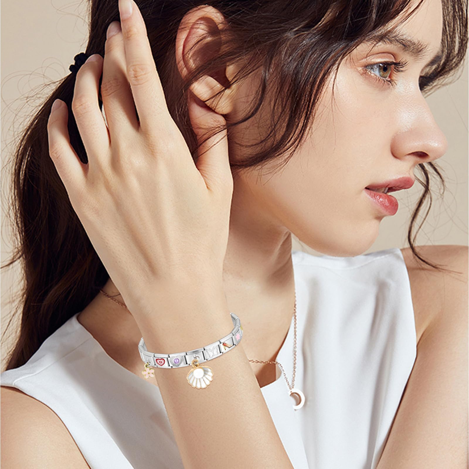POFIBO Italian Charm Bracelet - 8 Charms con Herramientas de Apertura, 9 mm Módulo de Acero Inoxidable Extraíble, Pulsera Italiana para Amigas Madres