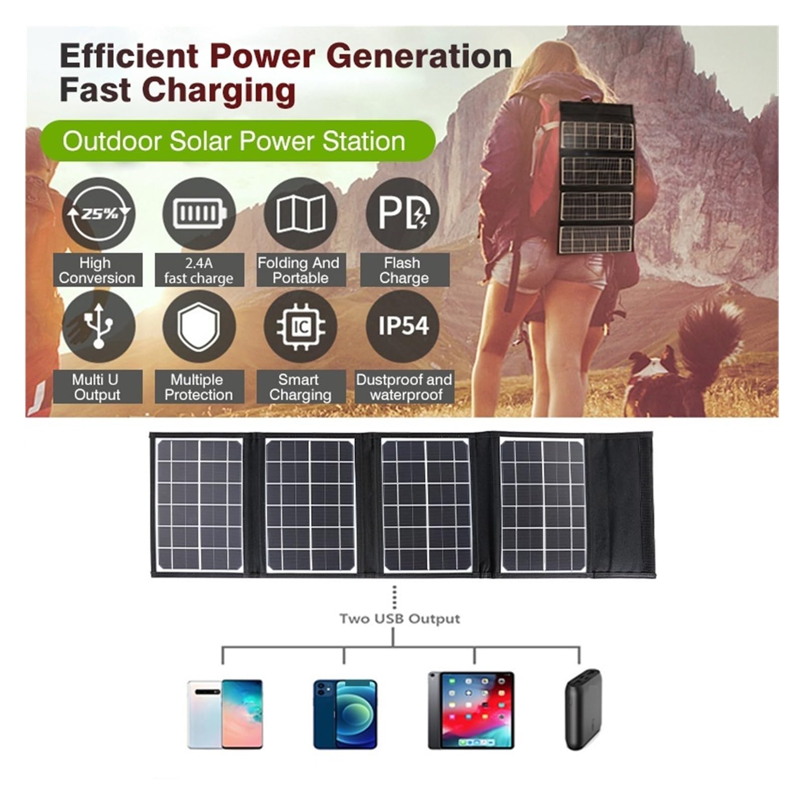 Interfaccia di Ricarica Rapida Pannello Solare Pieghevole Portatile Caricatore Doppio USB Celle solari Esterne Piastra Power Bank Energia Solare Sicuro Efficiente(18cm)