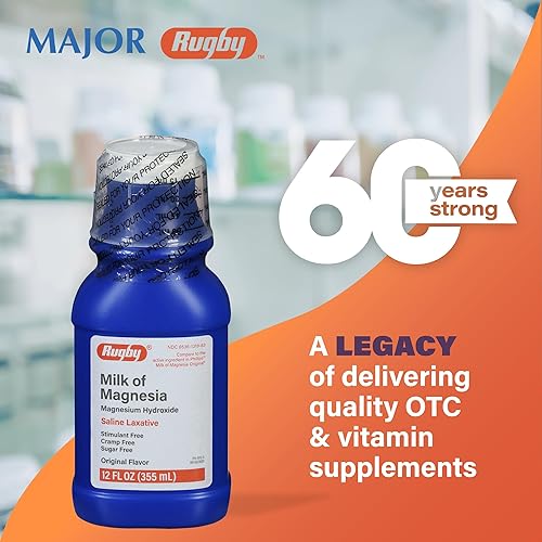 Miniatura 6 de Rugby Milk of Magnesia - Laxante salino de hidróxido de magnesio, estimulante, calambres y sin azúcar, sabor original, 12 onzas líquidas