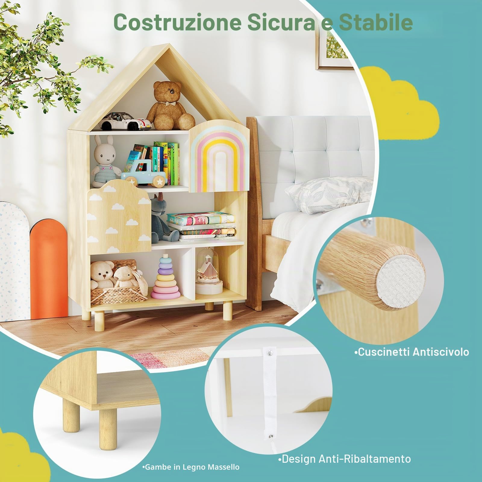 FANTASK Montessori - Libreria in legno, per bambini, a forma di casa, con 2 ante e gambe in legno massiccio, a 4 livelli, per camera dei giochi, cameretta dei bambini e camera da letto (naturale)