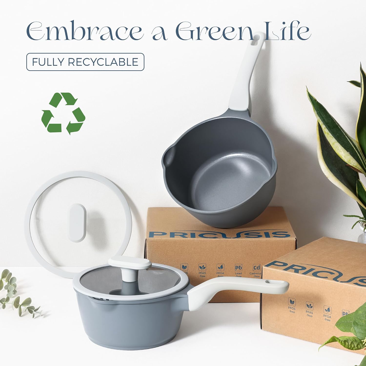 PRICUSIS Ceramic Nonstick Saucepan with Lid, 3 Quart Non Toxic Pot with Pour Spouts, Full Coated, 100% Dishwasher Safe, Induction Compatible & Oven Safe, PTFE PFAS & PFOA Free, Grey