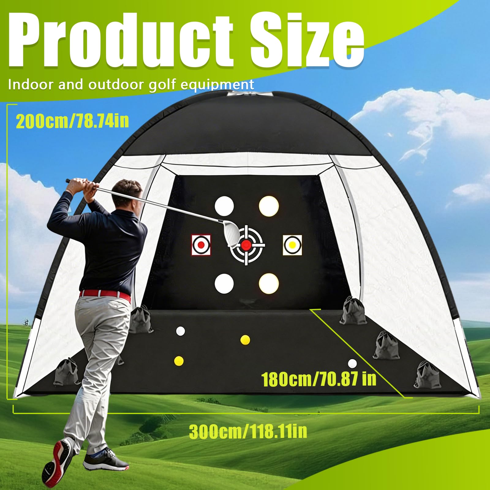 Golf Übungsnetz, 300 x 200 cm Golf Chipping Netz für Indoor und Outdoor Golf Trainingshilfen mit Rasenmatte Golfbälle Tees Sandsack Haken Zähler und Tragetasche für Training im Innen- und Außenbereich