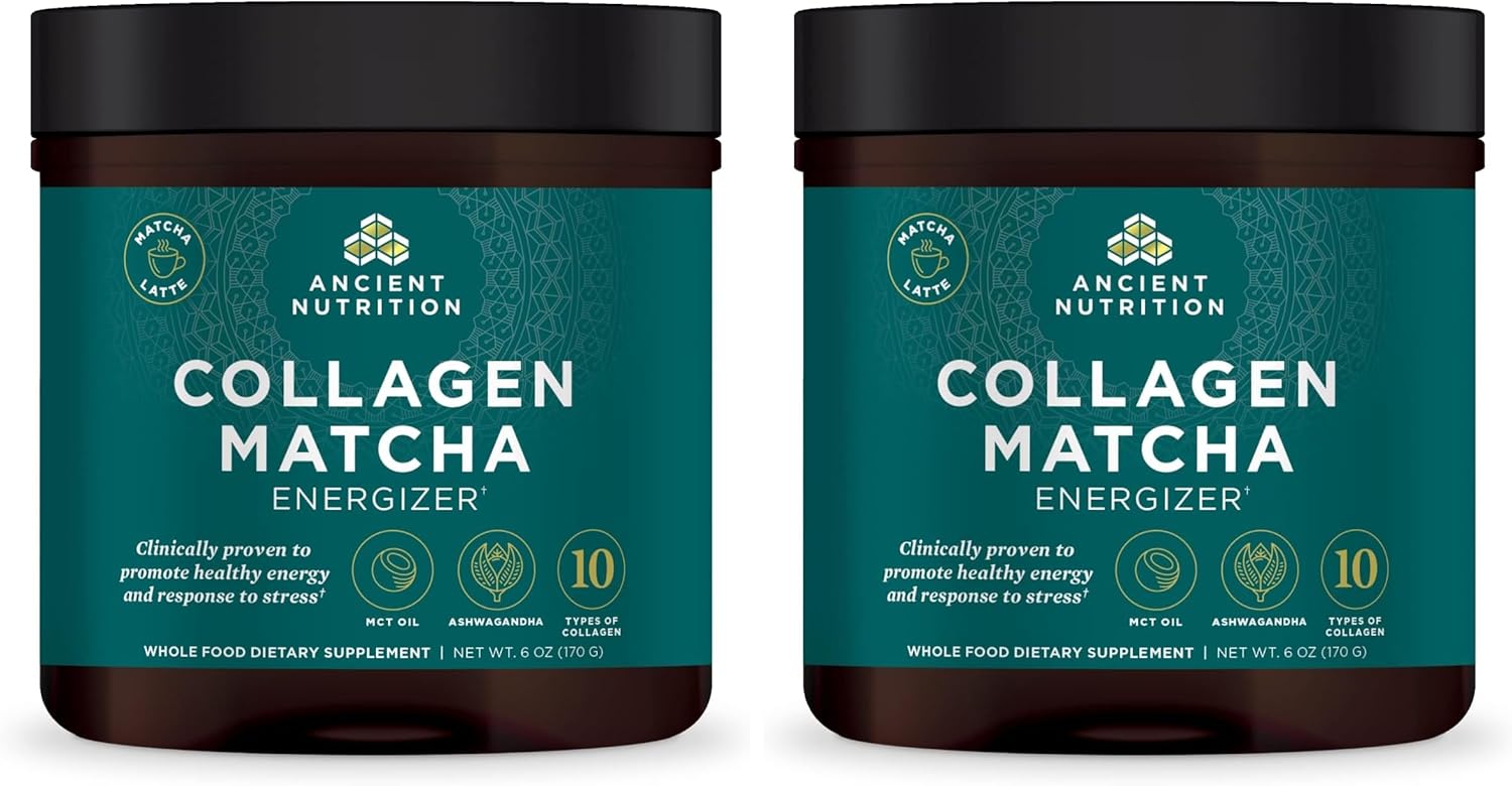 Ancient Nutrition Matcha Powder with Collagen, Collagen Matcha with MCTs & Ashwagandha for Energy, Metabolism, Skin, Hair, and Gut Health, 20 Servings