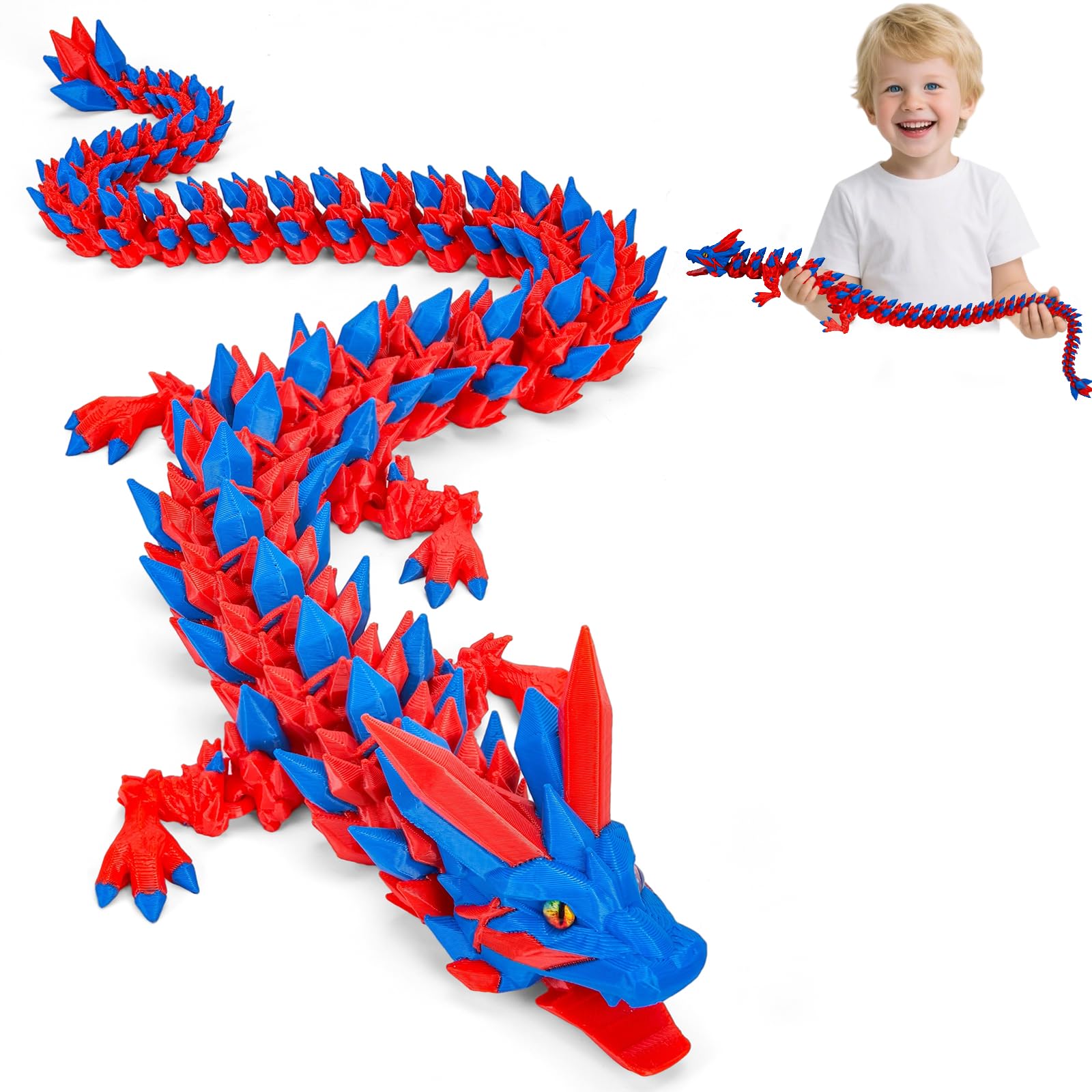 3D Printed Dragon Toys with Eyes, Bendable and Flexible Big Fidget, 24 inches Dazzling Gradient Crystal Wyrm, Articulated Gem Serpent Figure for Home Decor (Mystical Red-Blue Dragon)