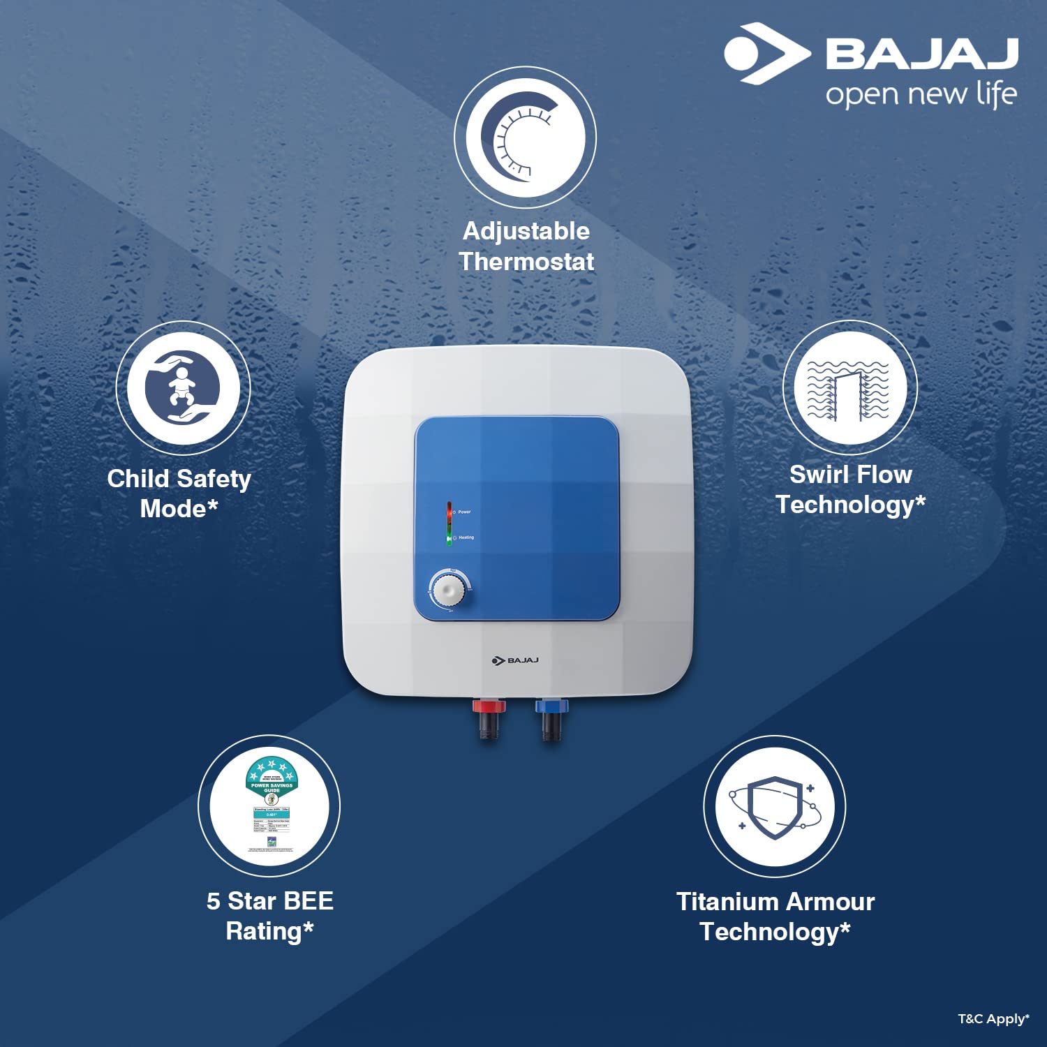 Buy Bajaj Compagno 2000 W 25 Litre Vertical Storage Water Heater| Star  Rated Geyser| Water Heating with Titanium Armour u0026 Swirl Flow Technology|  Child Safety Mode|2-Yr Warranty by Bajaj| White u0026 Blue