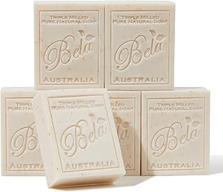 BELA Oatmeal Soap with Milk and Bran 3.3 OZ, Pack of 6, Long Lasting French Triple Milled Bar Soap with Organic Shea Butter, Hand, Face and Body Wash Bars, Made in Australia