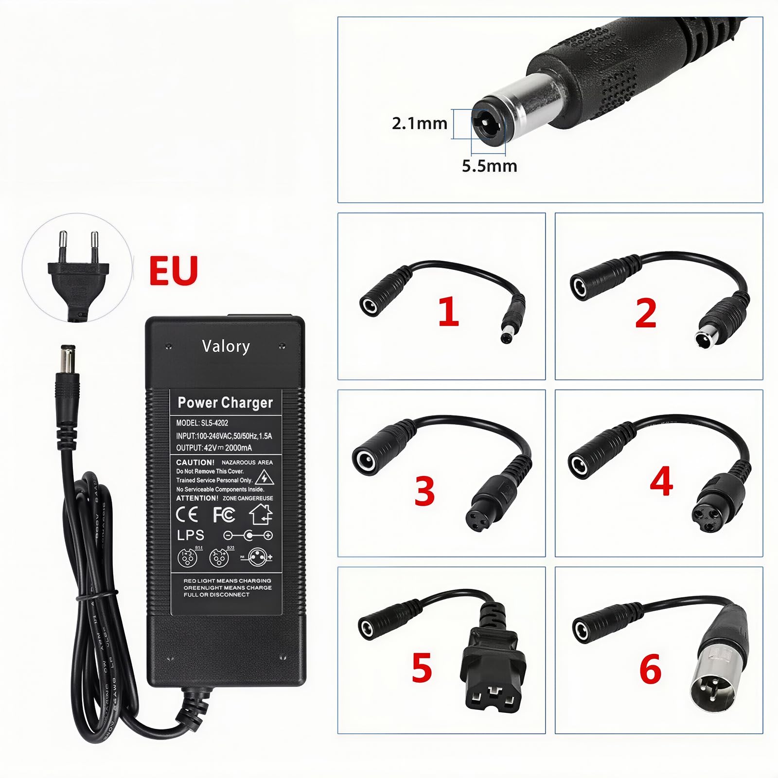 Chargeur trotinette Norme européenne 42V 2A équipée de 6 connecteurs différents, adaptée à Divers modèles de Scooters