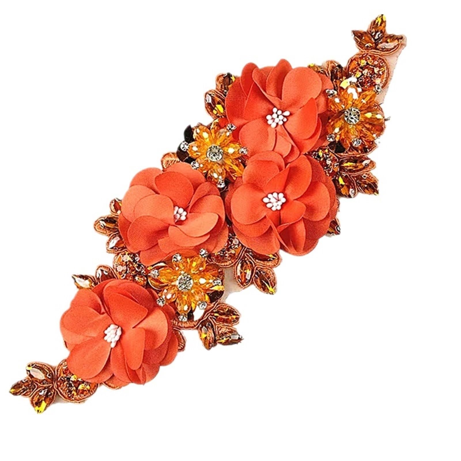 Wtaxbh Za11- Orange Iron On Patches 3Pc 27X10.5cm Fabric Flower Rhinestones Artificial Cloth Accessories 3D Sewing(Za11- Orange)