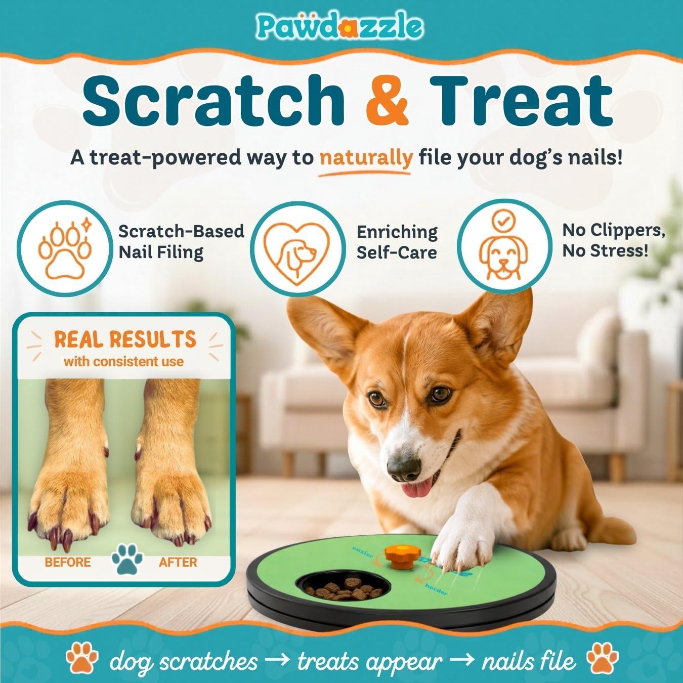 dog nail scratch board with treat box - interactive dog scratch pad for nails with built-in reward system | non-slip base & extra sand paper sheet included, stress-free file board for pets
