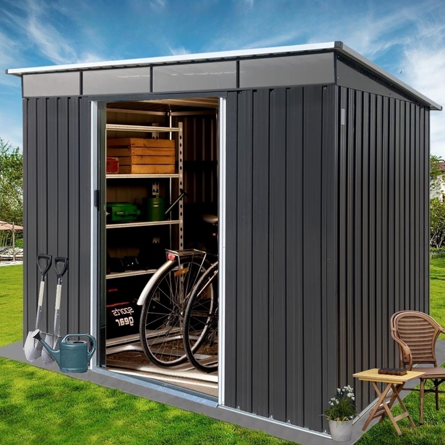 EMKK Outdoor Storage Shed 6 x 8 FT Galvanized Metal Garden