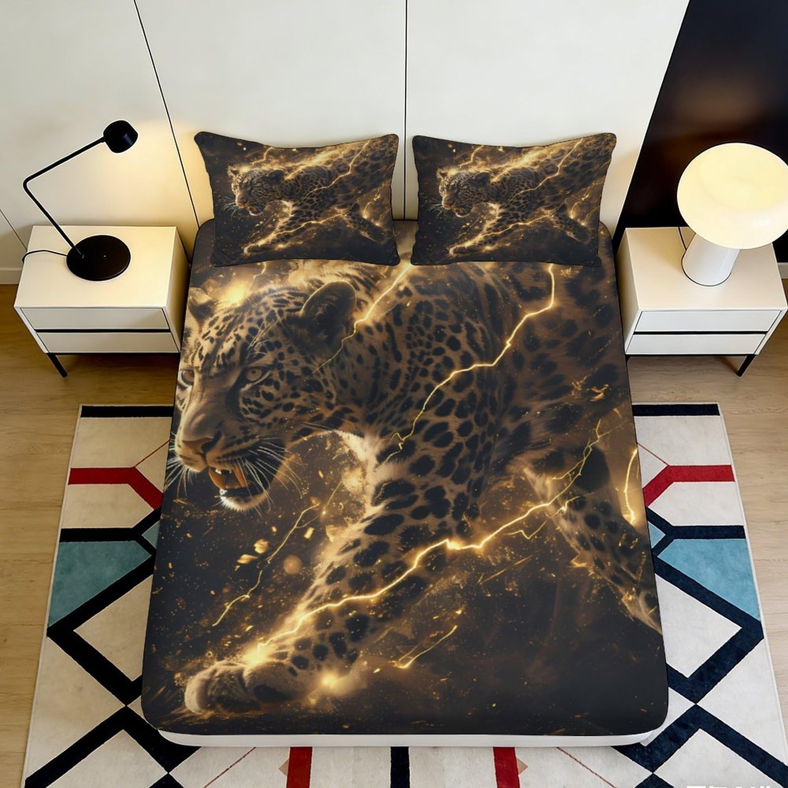 3D Printed Lightning Leopard Fitted Sheet Microfiber Anti-Slip Bed Cover for Bedroom Guestroom Mattress Protection Decor 120x200x25cm