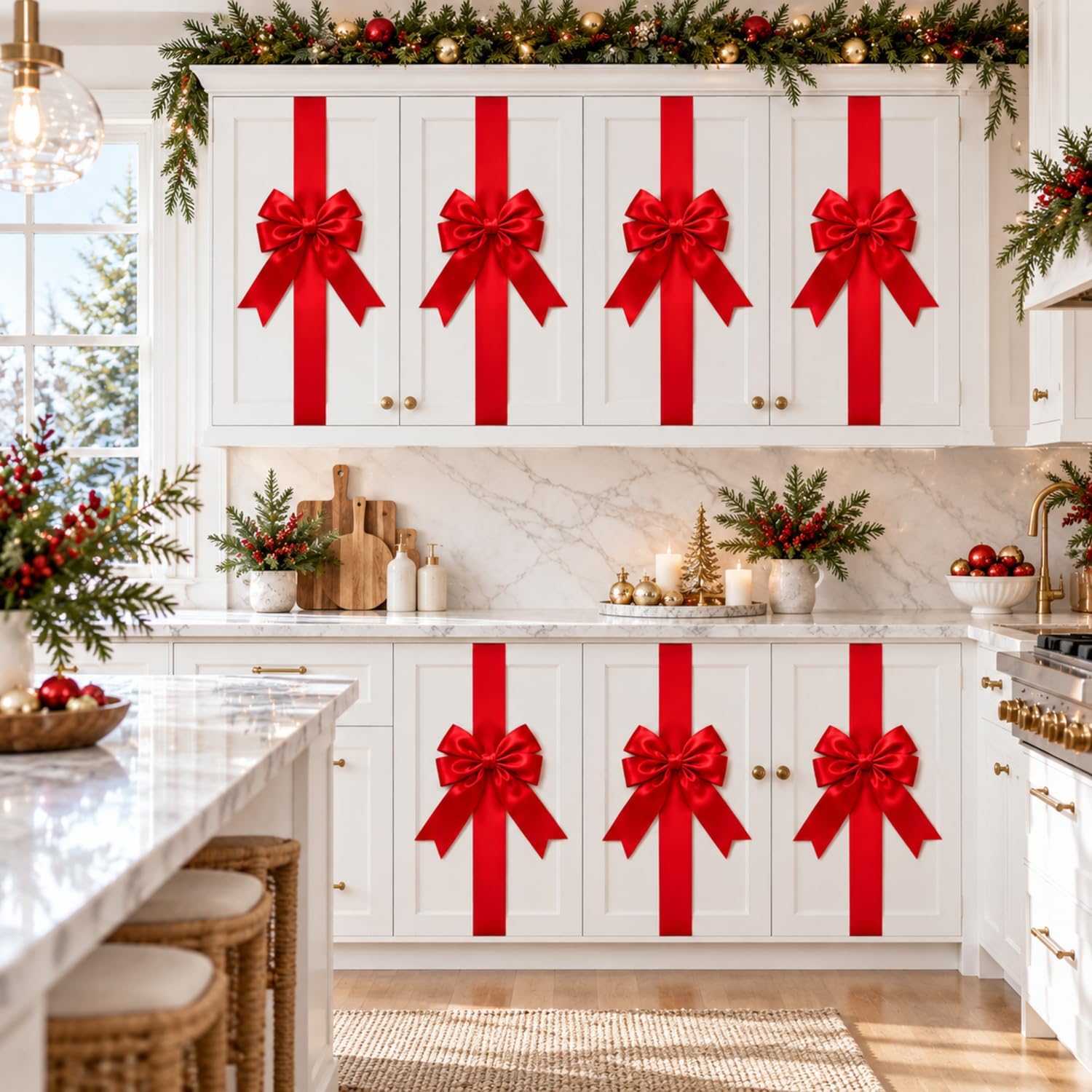 WILLBOND 8 Pcs Red Christmas Cabinet Ribbons Bows for Kitchen