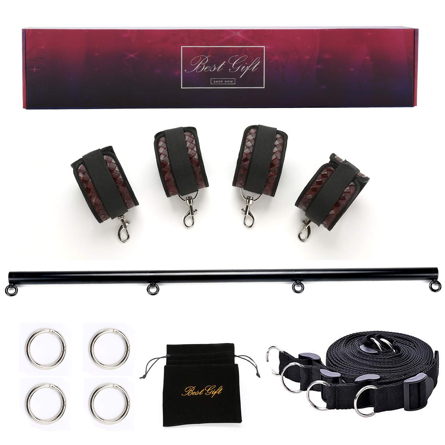 EXREIZST Black Spreader Bar with 4 Fur Leather Straps Nylon Belt Set (Leather 1)