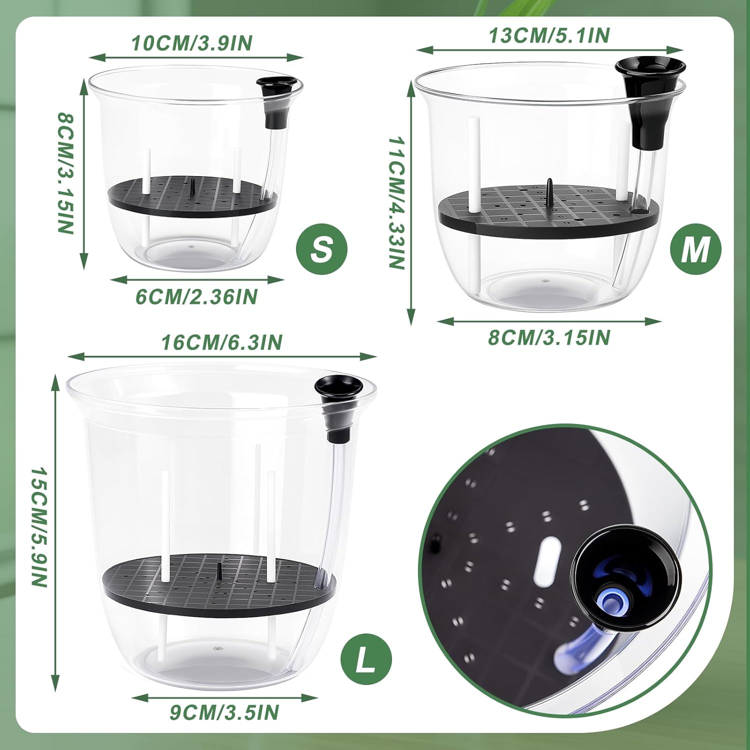 6 Pcs Clear Self Watering Pots for Indoor Outdoor Plants Flowers, 2 Each of 4, 5 and 6 Inch Self Watering Planters with Reservoir, Drainage Hole and Absorbent Cotton Rope - Image 2