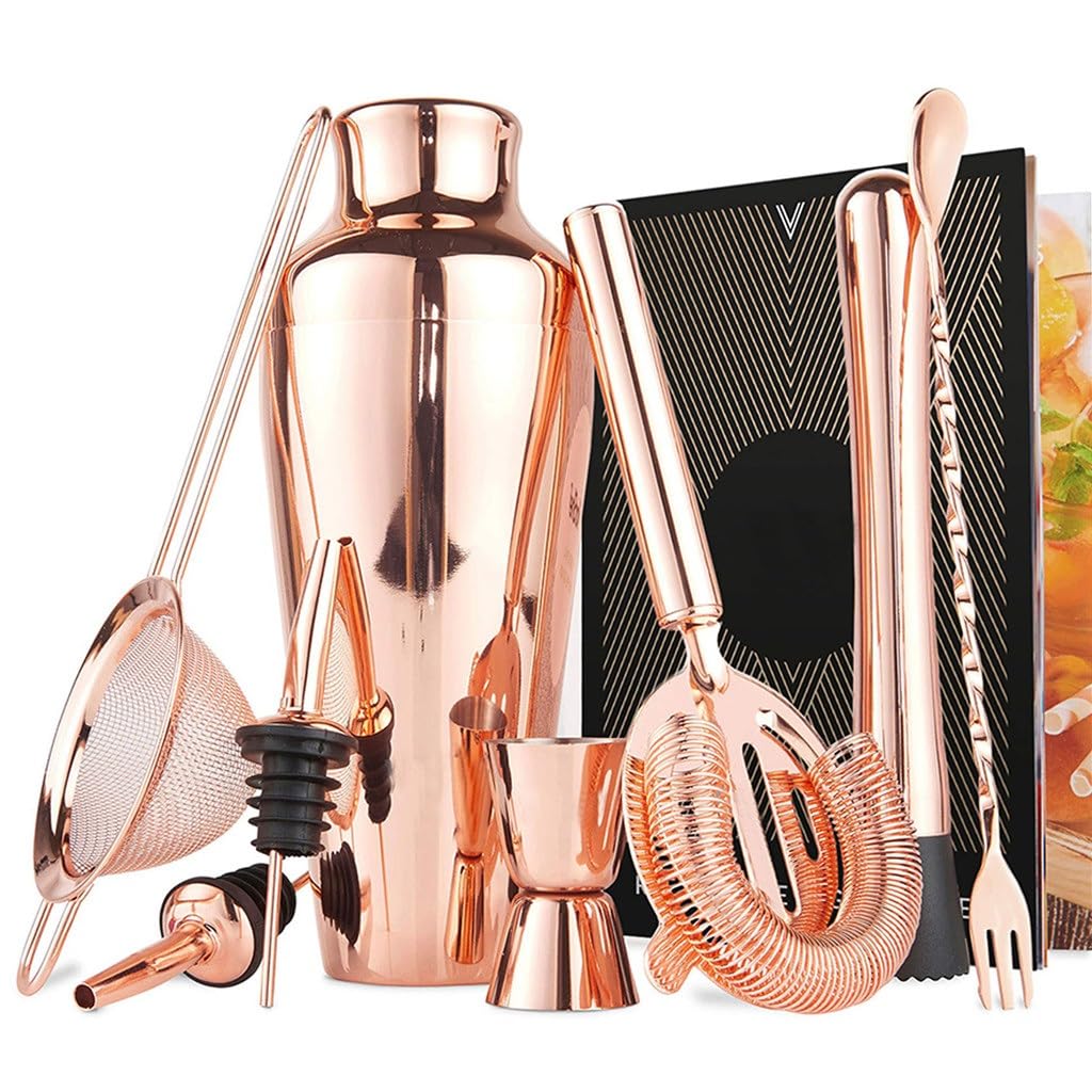 Coctelera de oro rosa con juego de 8 piezas y barra medidora de acero inoxidable