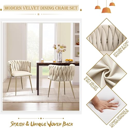 Miniatura 4 de Juego de 2 sillas de comedor tapizadas de terciopelo silla moderna para sala de estar con respaldo tejido y patas de metal dorado silla lateral