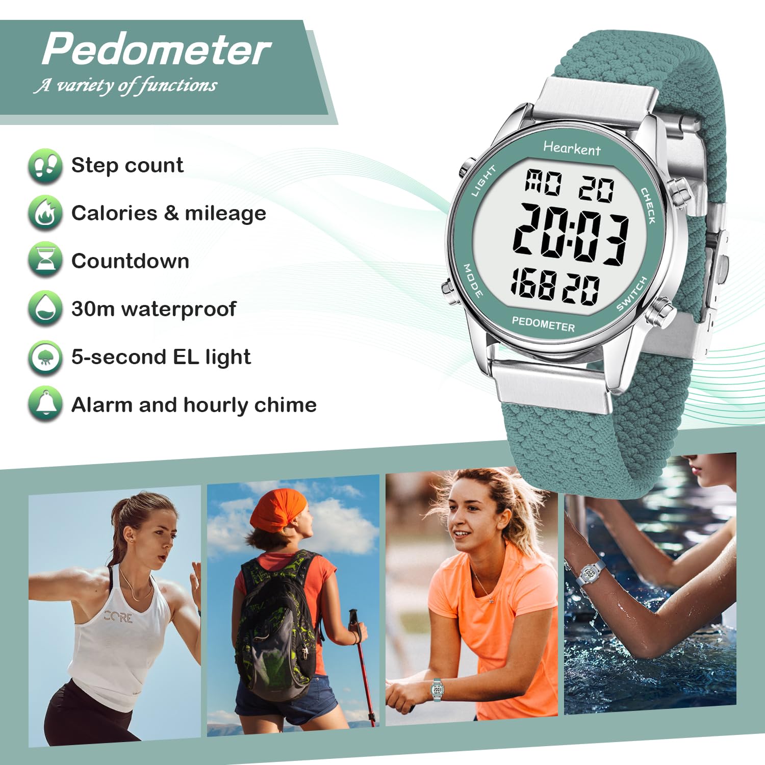 Hearkent Schrittzähler-Uhr für Damen, Schritt-Tracker mit Kalorienzähler, nicht Bluetooth, 30 m wasserdicht, LCD-Display mit großer Zahlenanzeige, Armbanduhr für Spaziergänge und tägliche Aktivitäten