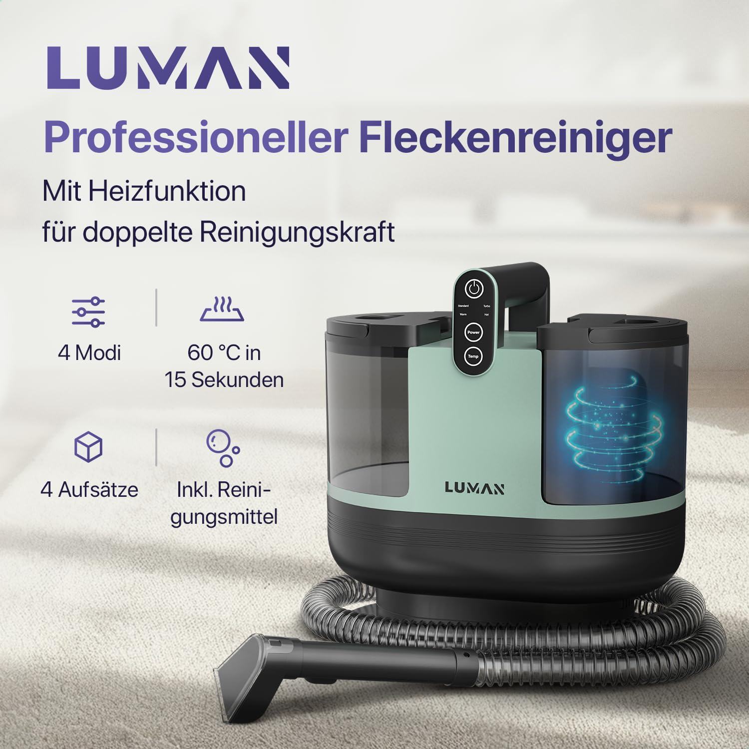 LUMAN 4 in 1 Teppichreiniger - Heizfunktion und Selbstreinigung - Fleckenreiniger - Sitzreiniger - Reiniger für Sofa, Boden, Auto und Teppich - 4 Bürsten - Inklusive Reinigungsmittel