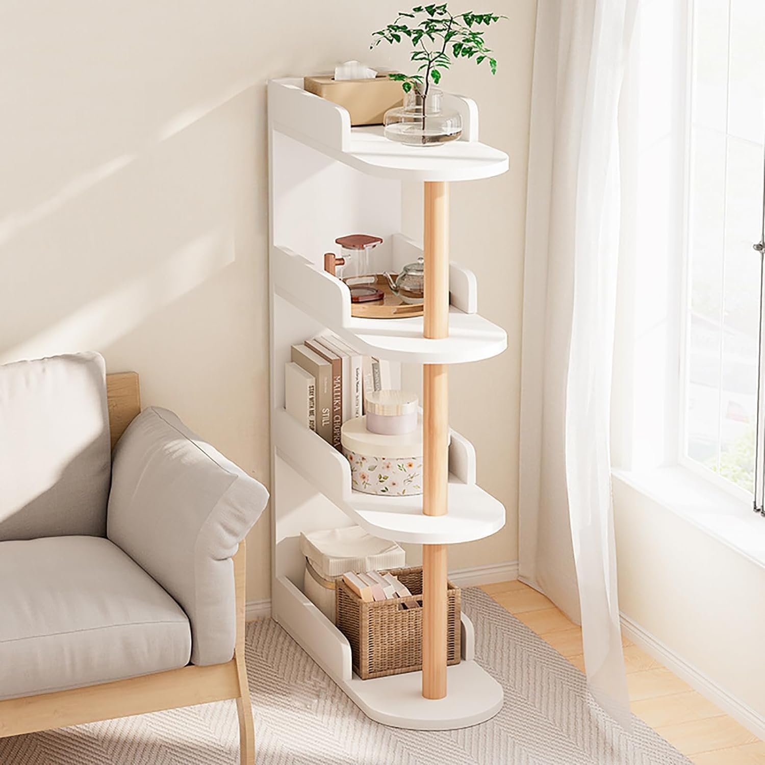 4 Tier Bookcase, Free Standing Wooden Bookshelf Narrow Book Organizer Shelf, Wall Corner Bookcase Storage Organizer for Open Storage,Display and Book Organization in Living Room (White)