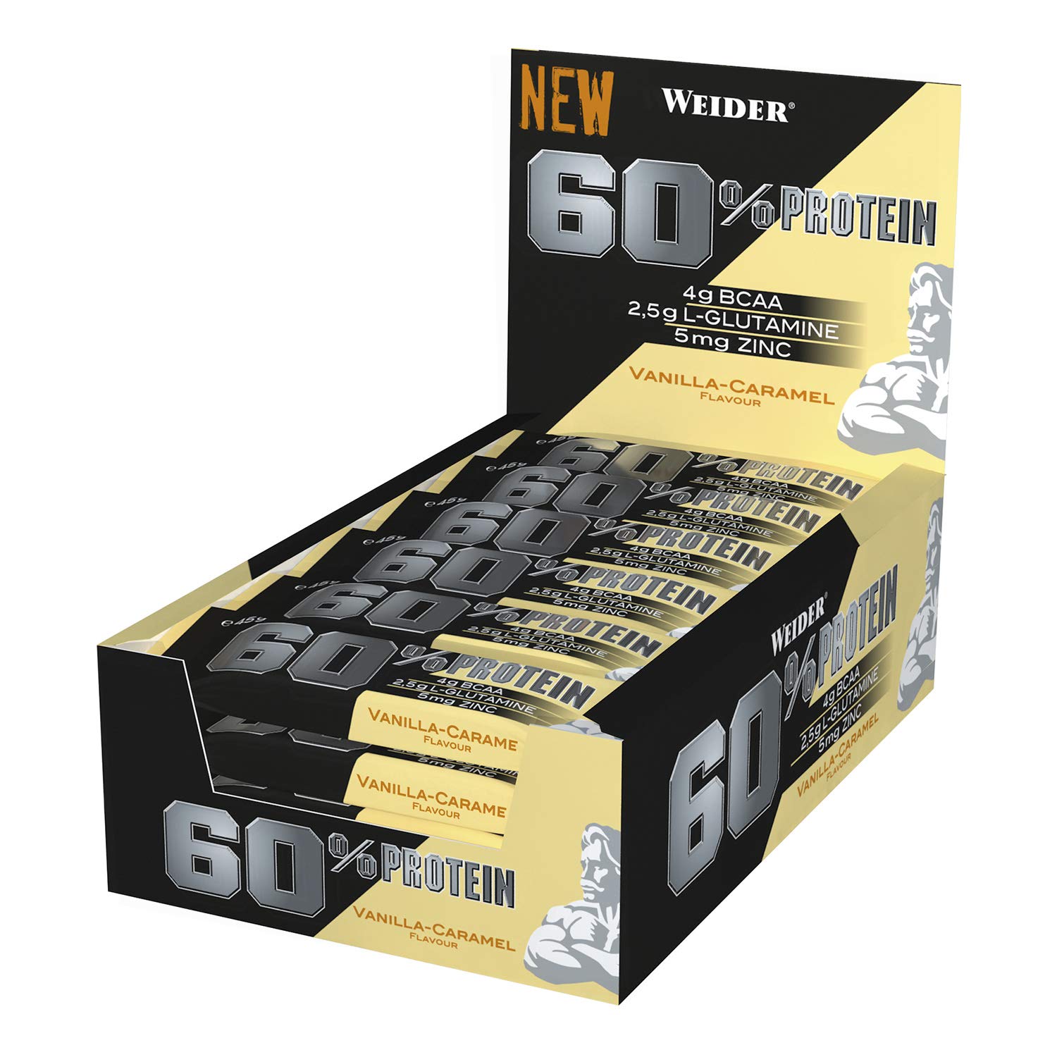Weider Nutrition 60% Protein Bar Vainilla Caramelo 24 x 45 gr. La barrita con más proteína del mercado. Con 4 g de BCAAs por barrita, Negro