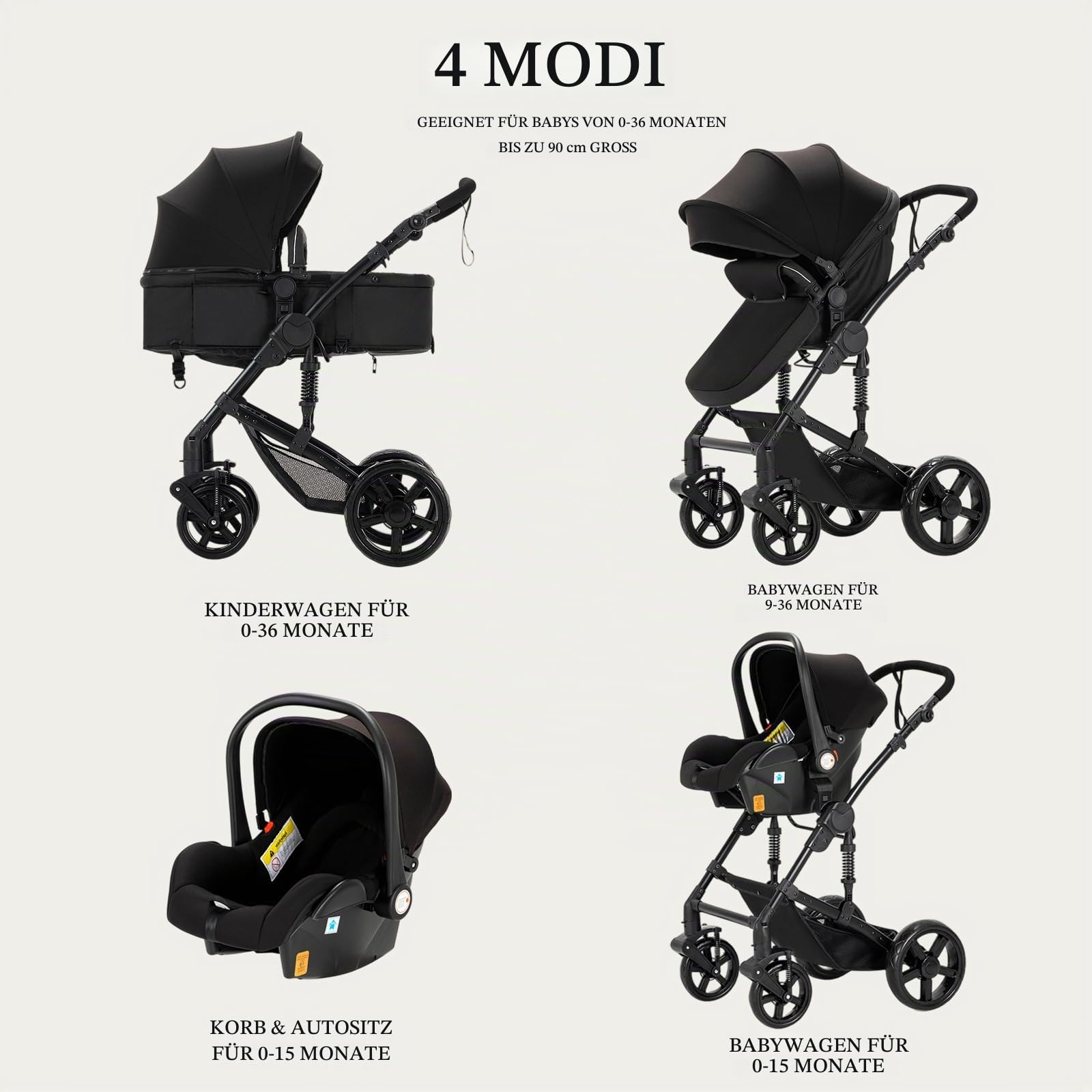 3-in-1 Baby Kombikinderwagen, Babywanne, Sportwagen und Autositz, for 0-36 Monate Babys (Schwarz)