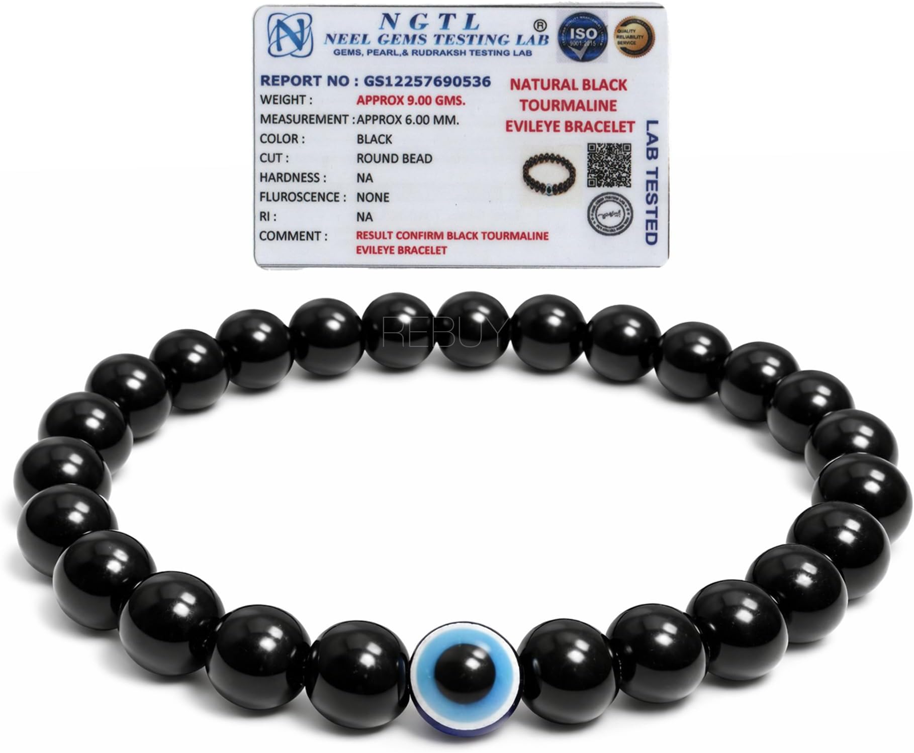 REBUY Black Tourmaline Bracelet Natural Healing Stone Evil Eye Charm Gemstone Bracelet for Men & Women, Color Black, Bead Size 6 mm