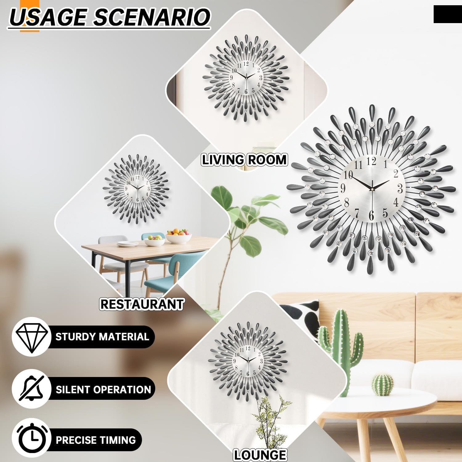 Wall Clock,20inch Decorative Wall Clocks Silent Quality Quartz Battery Operated,Large Wall Clock for Living Room,Kitchen,Home,Bathroom,Bedroom Wall Decor,Black