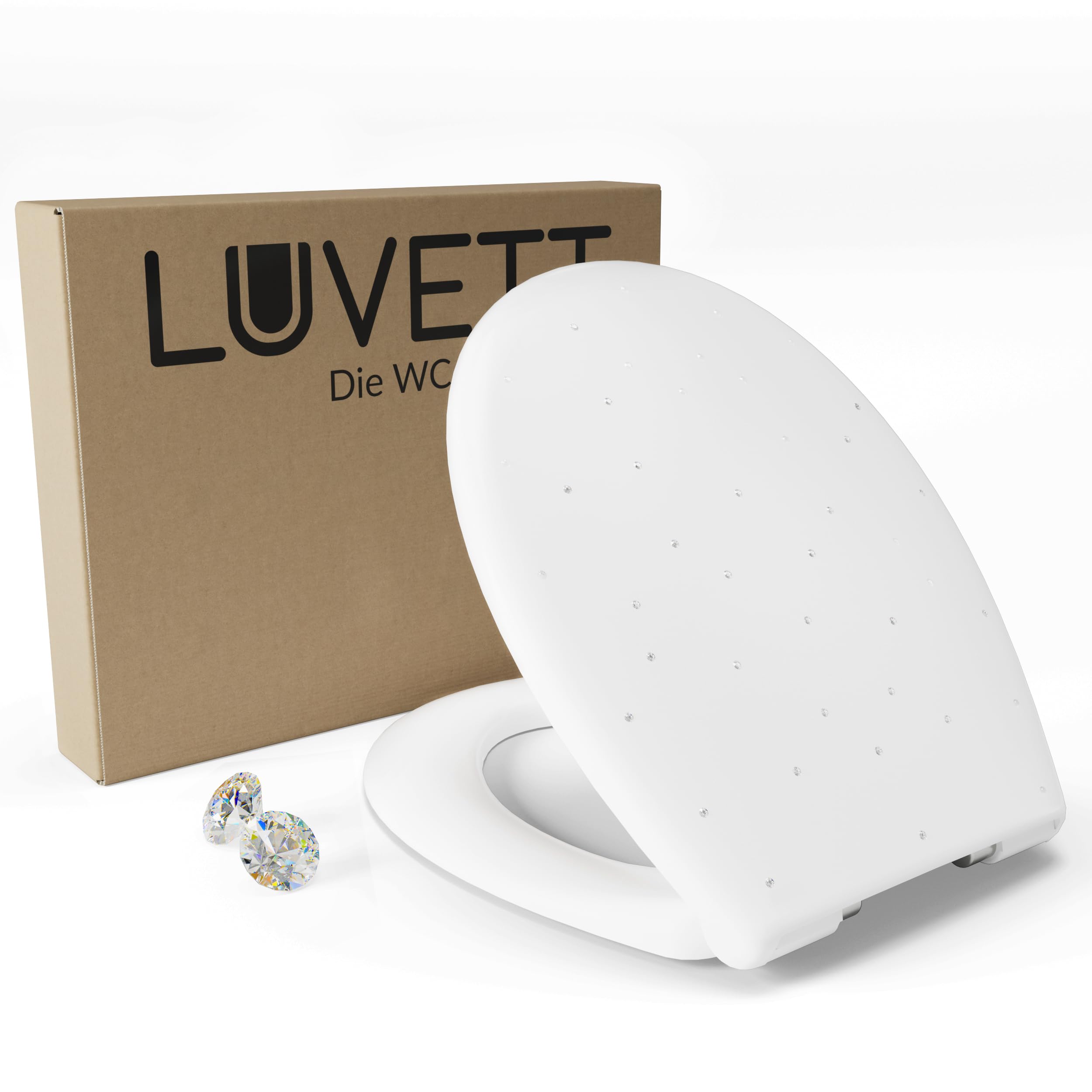 LUVETT S100 WC-Sitz Glitzersteine Oval SoftClose TakeOff EasyClean Weiß | Mit 44 Glitzersteinen in Handarbeit. Duroplast WC-Sitz mit SoftClose Absenkautomatik und 3-in-1 Edelstahl-Befestigungsset.
