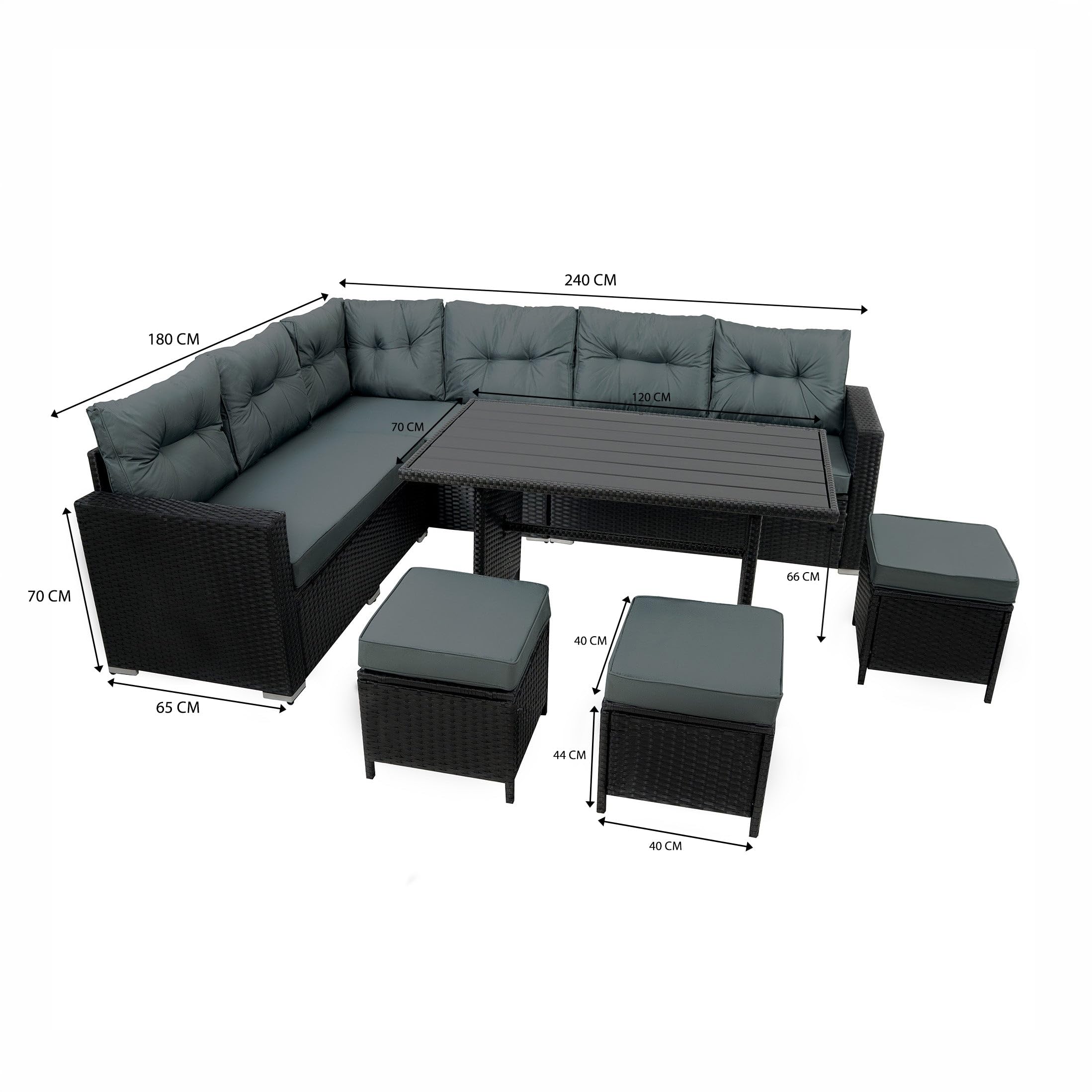 Conjunto Comedor Jardín Ratán 9 Plazas con Sofá Rinconera Mesa y Taburetes Muebles Exterior Poliratán Negro con Cojines Gruesos y Funda Impermeable Terraza Patio