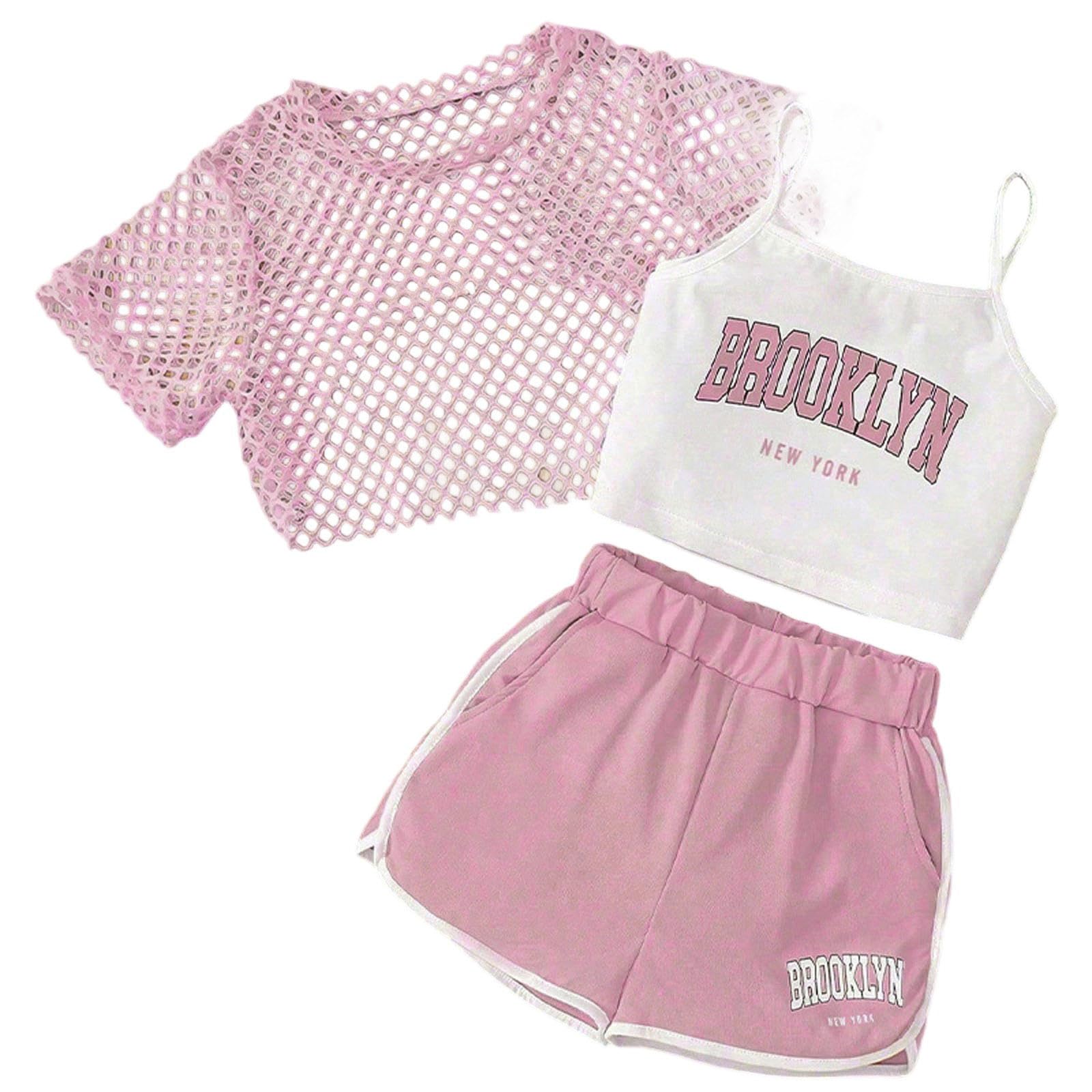 Completo estivo da bambina, 3 pezzi, con stampa di lettere, top senza maniche, maglietta a maniche corte e pantaloncini, completo casual per bambini piccoli. #20
