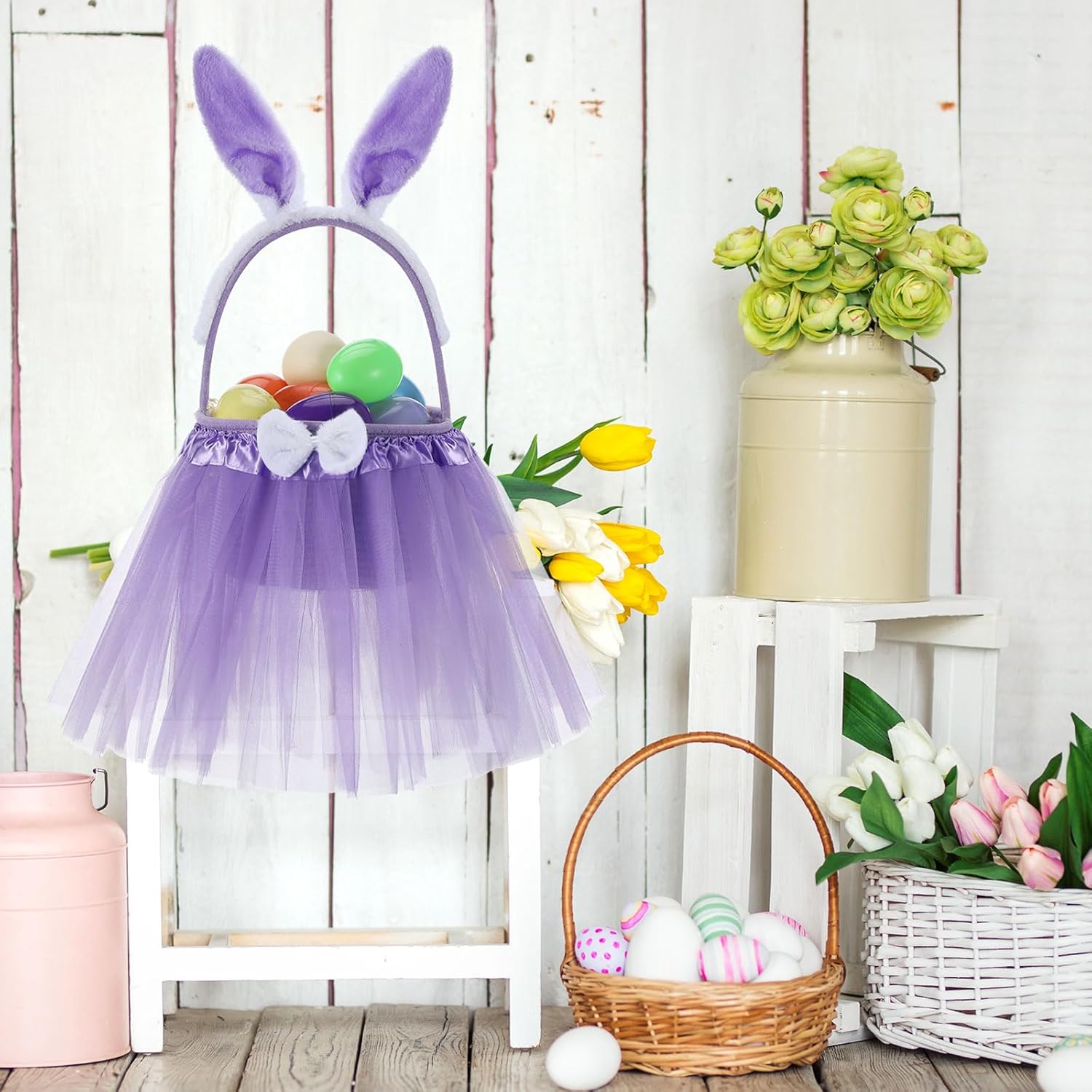 Shyyween Tutu Easter Baskets Easter Costume Ruffled Tulle Fluffy Ears and Bunny Headband Bow Tie Tail Party Favors Gift for DIY Egg Playset Decorations(Purple)