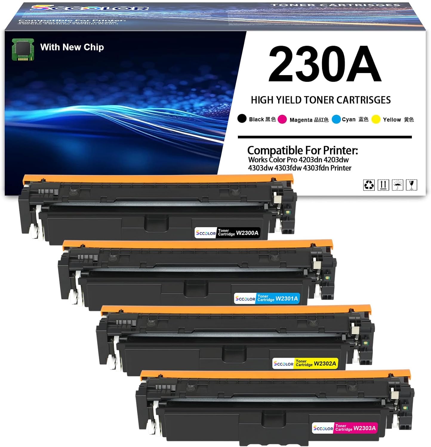 230 230A Toner Cartridges (with New Chip) High Yield Compatible for 230A W2300A W2301A W2302A W2303A Replacement for HP Color Pro 4203dn 4203dw 4303dw 4303fdw 4303fdn Printer