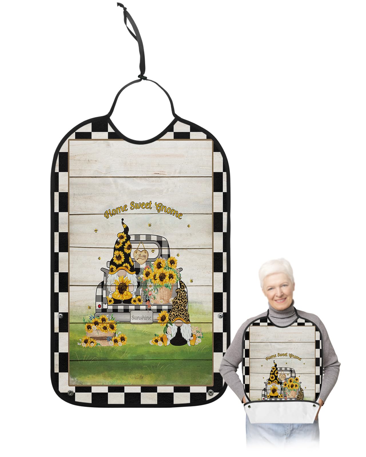 Sunflower Adult Bibs for Eating, Waterproof Bibs with Food Catcher & Adjustable Snap Closure, Farmhouse Black White Plaid Truck Wood Washable Clothing Protectors Adult Bibs for Elderly Women/Men