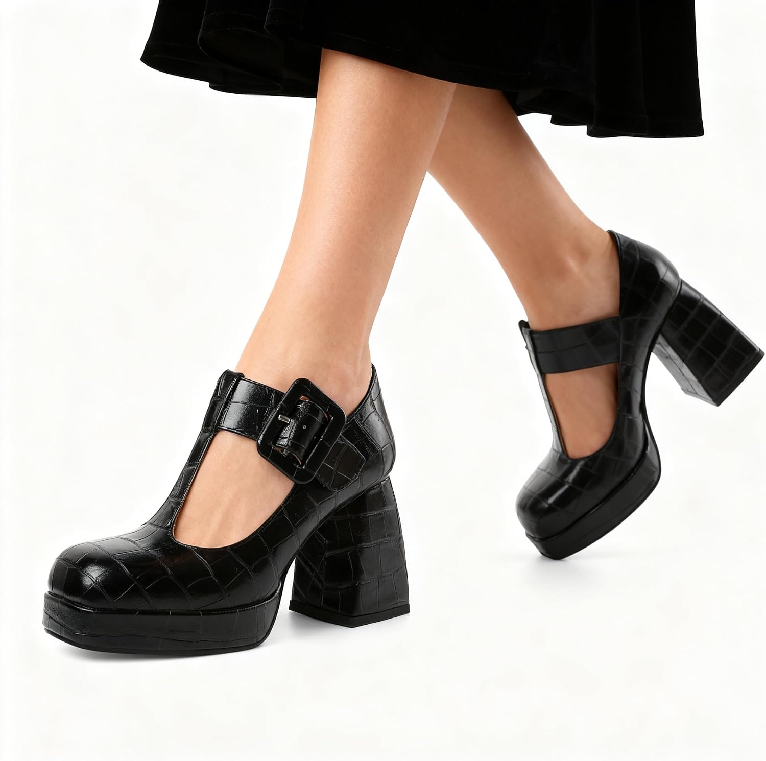 YODEKS Women's High Heels Square Toe Mary Jane Pumps Chunky Heel Platform Dress Shoes image 5