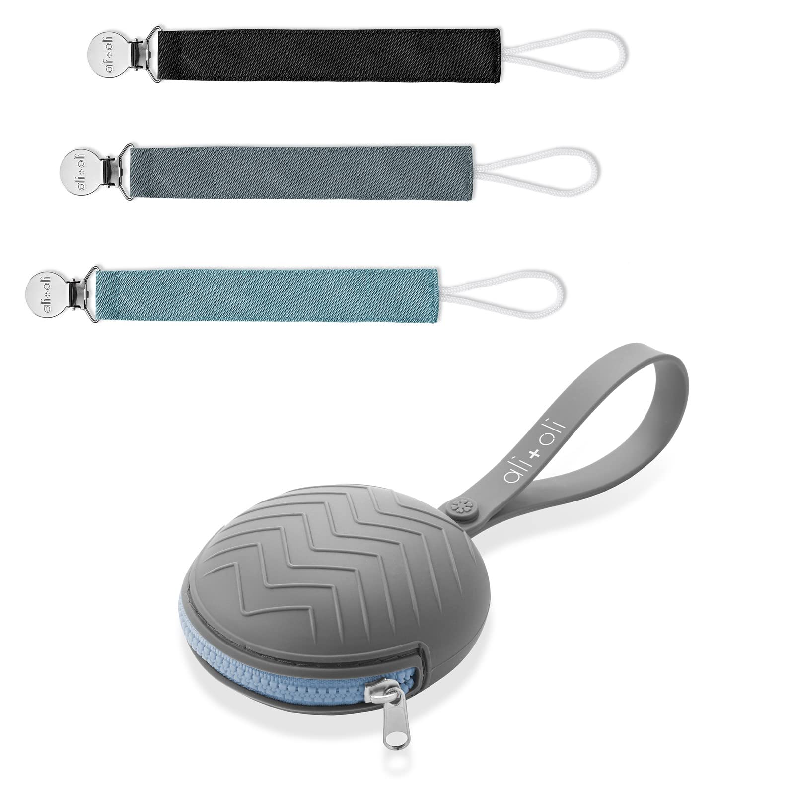 Ali+OliBPA-Free (Grey) Silicone Pacifier Case Holder and Pacifier Clip (Set of 3) Bundle