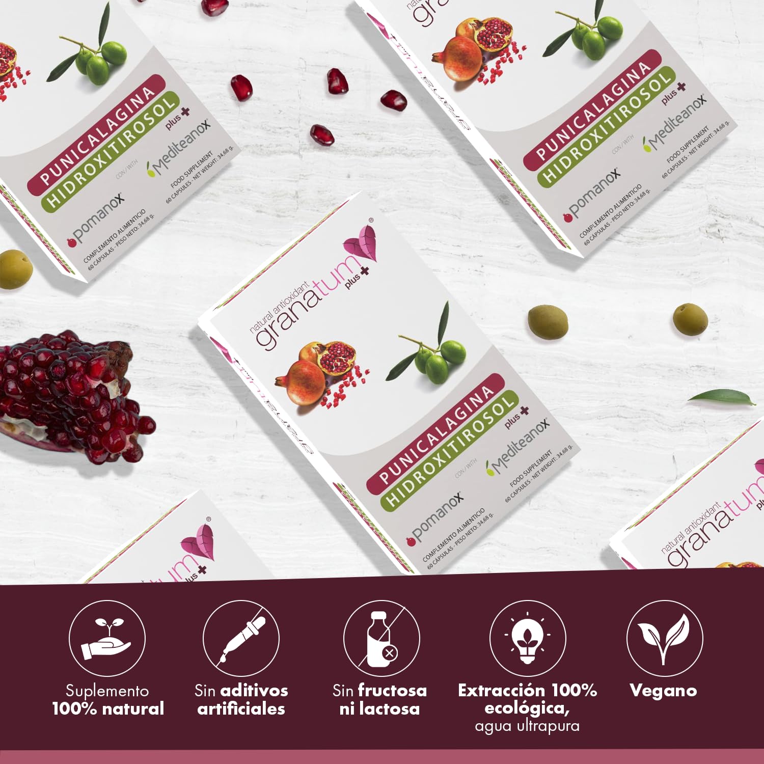 Granatum Plus - Punicalagina e Hidroxitirosol - Extracto de Granada y Oliva Extra Virgen - Antioxidante y Antiinflamatorio - Cuidado de la Piel - Producido en España - 1 Caja 60 Cápsulas