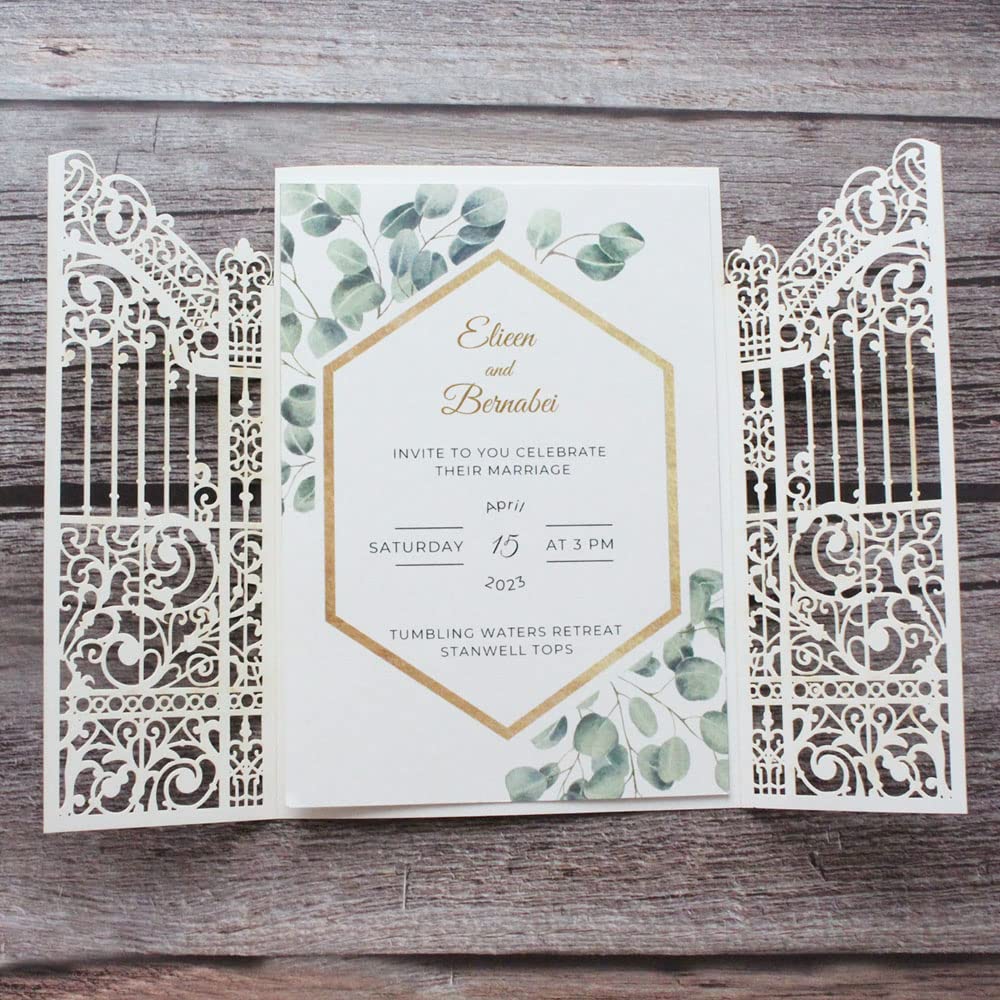 MillaSaw Partecipazioni matrimonio d'oro scintillante Gate Laser Design Per Matrimoni Fidanzamento Sirena 25 Set (oro glitterato)