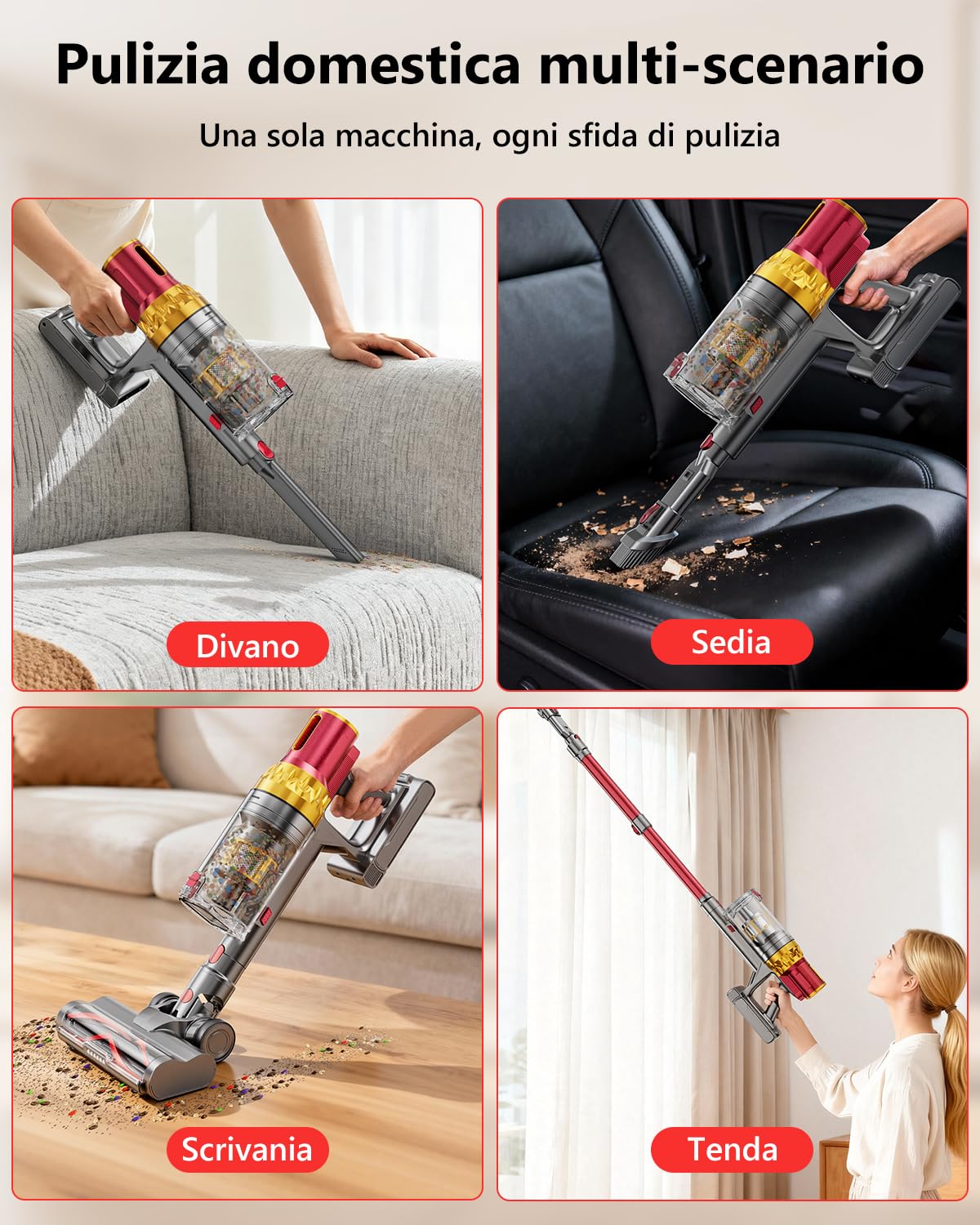 60Kpa&600W Aspirapolvere Senza Fili, 75Mins Scopa Elettrica Senza Aspirapolvere Senza Fili Potente, 11 Stadi Filtrati con supporto di ricarica da parete/Schermo OLED Smart, Anti-Avvolgimento