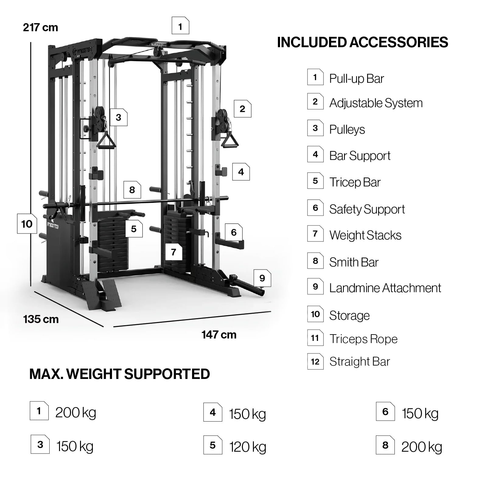 Smith Machine Model S 9000, Appareil de Musculation Complet, entraînement de Tous Les Groupes Musculaires, Haute résistance, Home Gym, 135x147x217 Cm