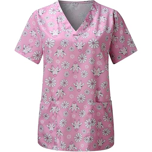 Valentines Day Scrub Tops Women Short Sleeve Nurse Working Uniform with Pocket Valentines Printed V Neck Graphic Tee