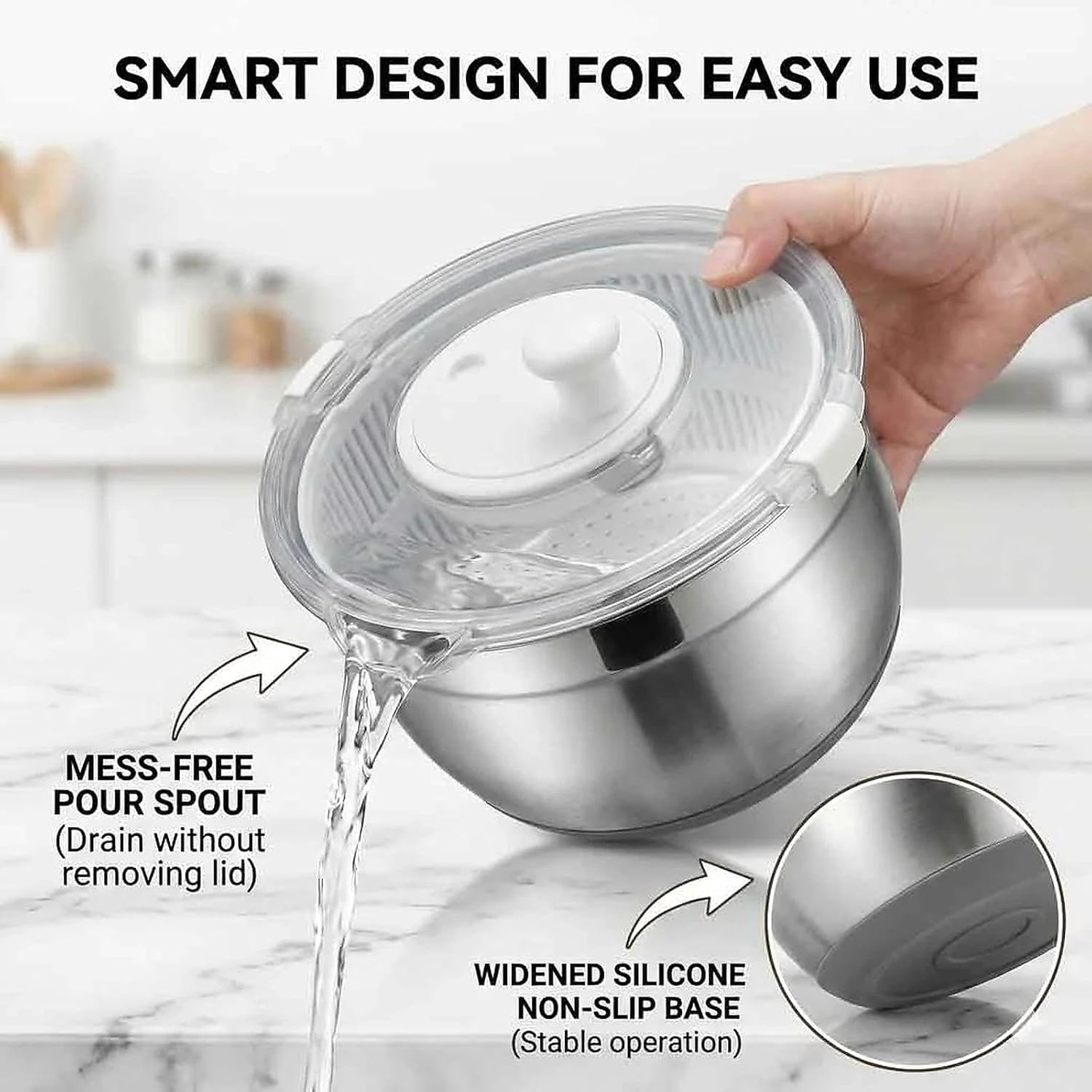 6L Large Salad Spinner with Stainless Steel Inner Basket & Bowl – Professional Lettuce Spinner for Family Meal Prep – Metal Fruit Washer & Rice Washer – Heavy-Duty 304 Steel, Dishwasher Safe