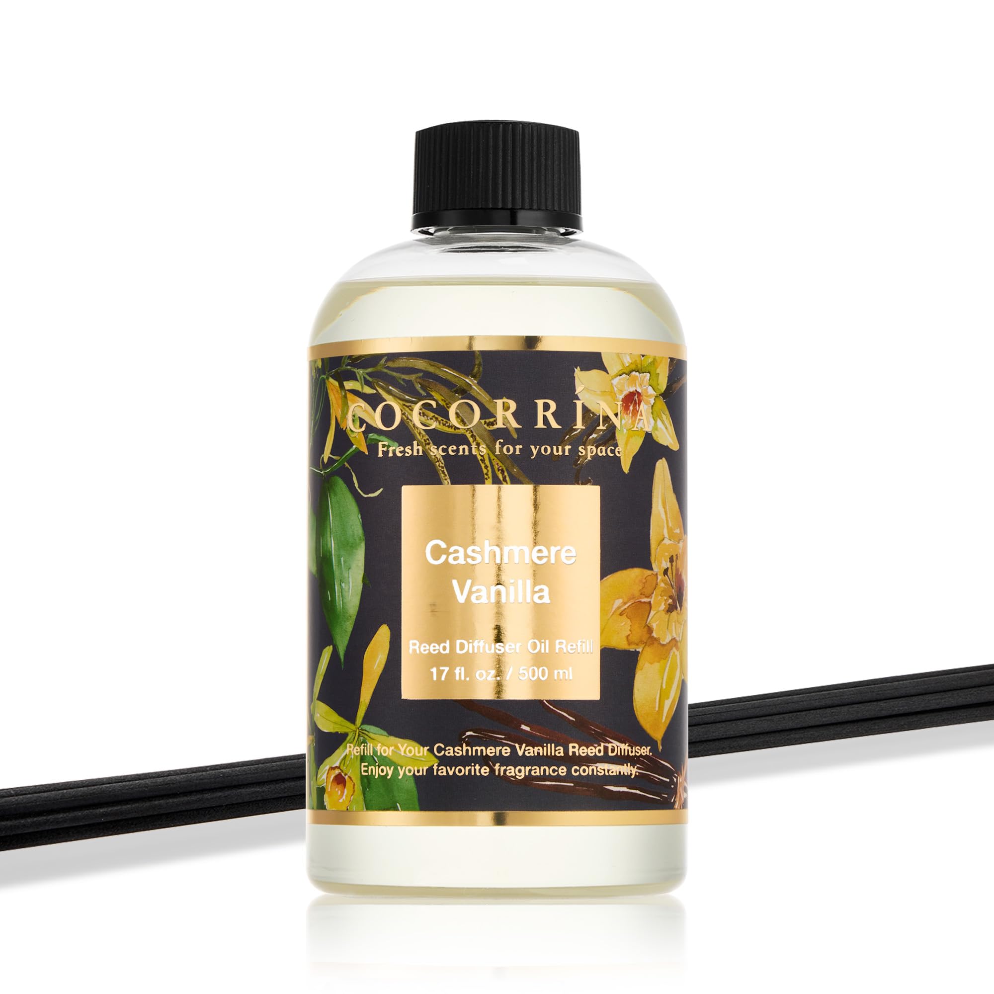 COCORRÍNA Ricarica Diffusore Ambiente 500ml con 8 Bastoncini, Cashmere Vanilla, Profumo Lungo Durata con Oli Essenziali Naturali, Camera da Letto e Bagno