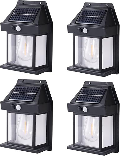 Kunhe Paquete de 4 luces de pared de movimiento con sensor solar para exteriores, lámparas de tungsteno, faroles de patio y porche exterior disponible en Yaxa Peru