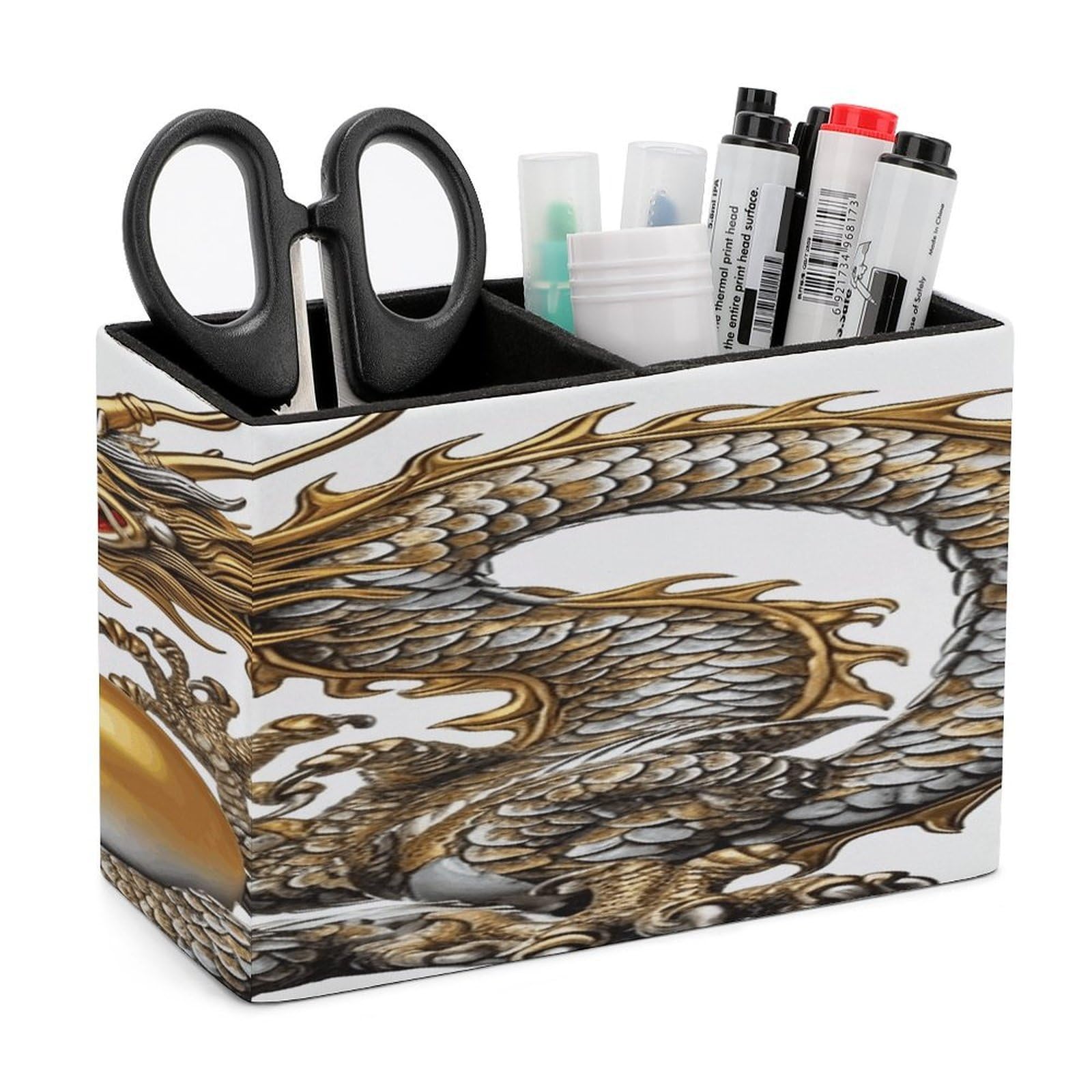 VstaDank Chinese Dragon with Pearl Pen Holder Double Compartments Pen Cup Fashion Makeup Brush Holders Leather Pencil Holder for Work Locker Accessories Modern Pencil Cup for Desk Organizer