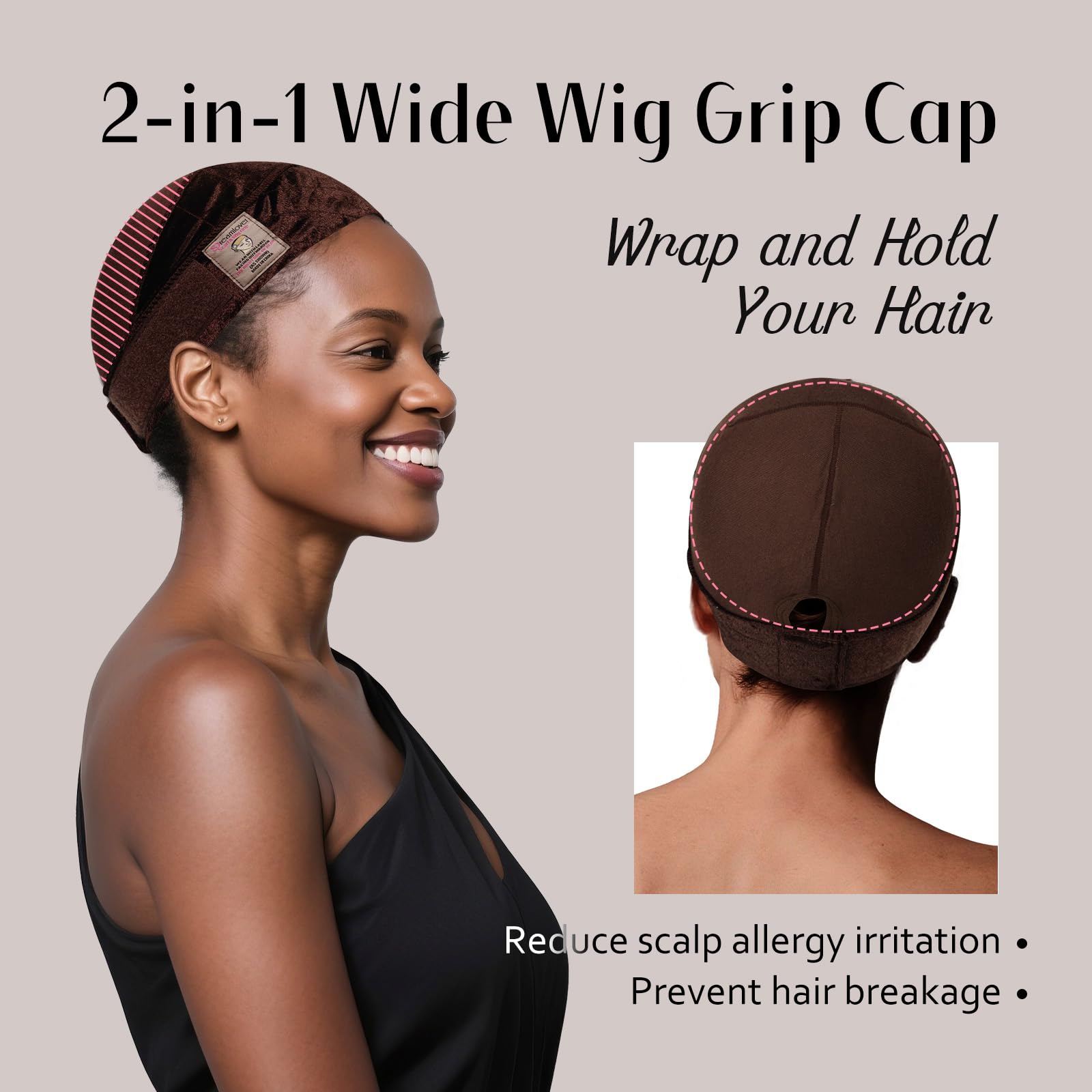 Dreamlover Wide Wig Grip Cap for Glueless Wigs 2-in-1 Dark Brown Wig Caps with Adjustable Wig Grip Bands, 1 Piece - Image 3