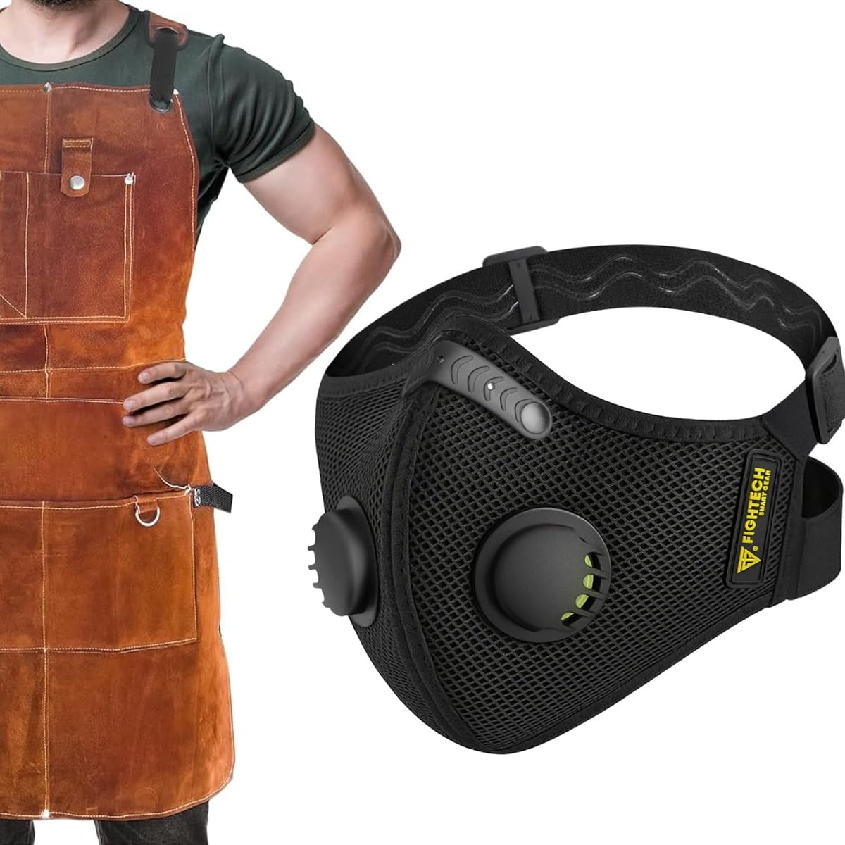 FIGHTTECH Paquete de máscara antipolvo (GRANDE) y delantal de cuero – Delantal resistente con bolsillos para herramientas + máscara reutilizable con filtros – Ideal para carpintería, metalurgia, bricolaje, taller o uso en garaje