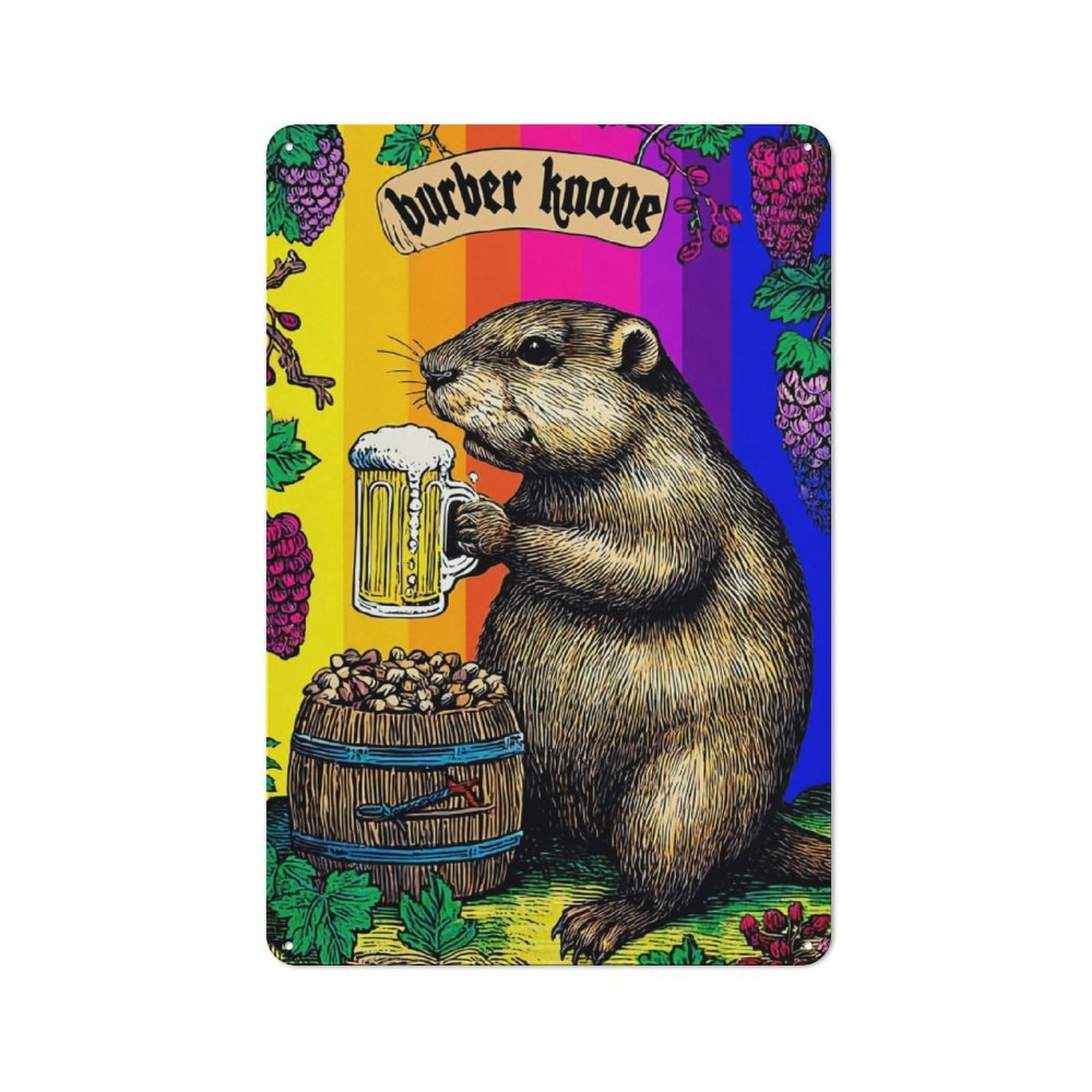 Junmoney Groundhog With Beer Mug Metal Wall Plaque With Design 30X20cm, Retro Small Space Decor For Flat, Dorm Room, Lounge Or Cafe