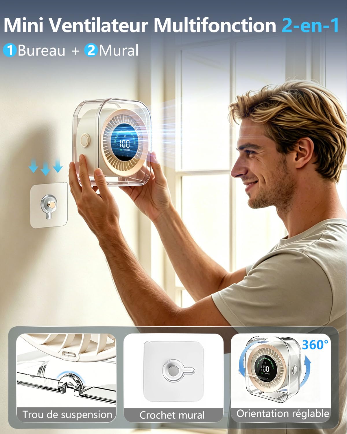 DDKJ Ventilateur de Bureau Ultra-Silencieux 20dB, 100 Vitesses, Batterie 4000mAh Rechargeable USB-C, 15h d'Autonomie, Rotation 360°, Design 2-en-1 Bureau et Mural, Idéal pour Chambre et Dortoir