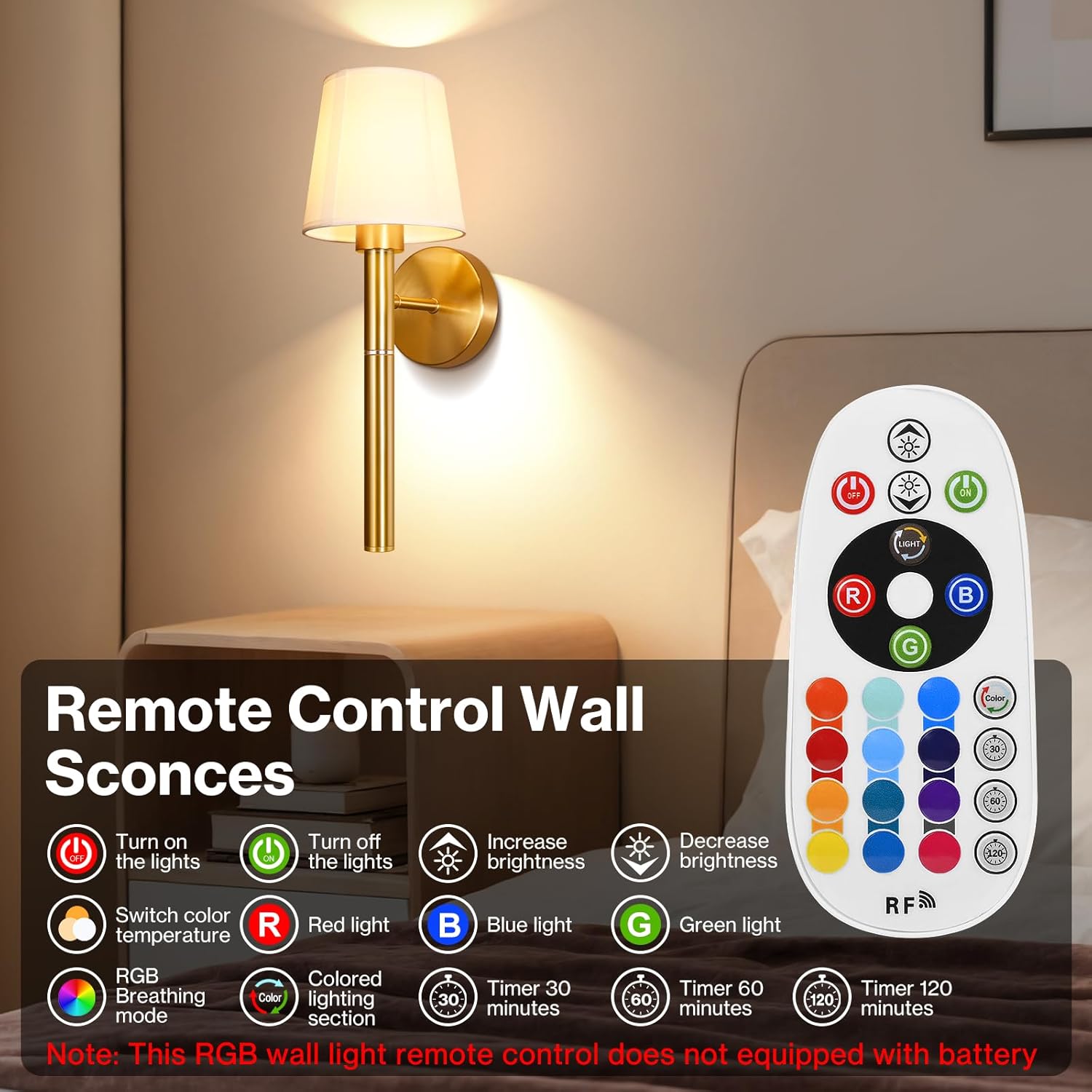 Battery Operated Wall Sconce Set of 2, 5200mAh RGB Wireless Wall Lights with Detachable Charging Stick & Dimmable Bulbs, 12 Colors Rechargeable Wall Lamps for Bedroom Living Room Hallway Decor, Gold