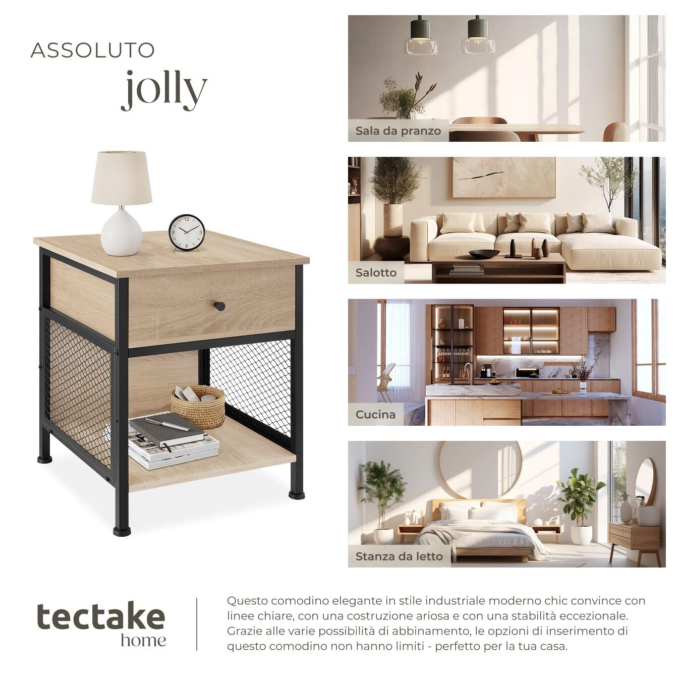 tectake® Comodino Camera da Letto 45x46x55,5cm, 2 Ripiani, 1 Cassetto